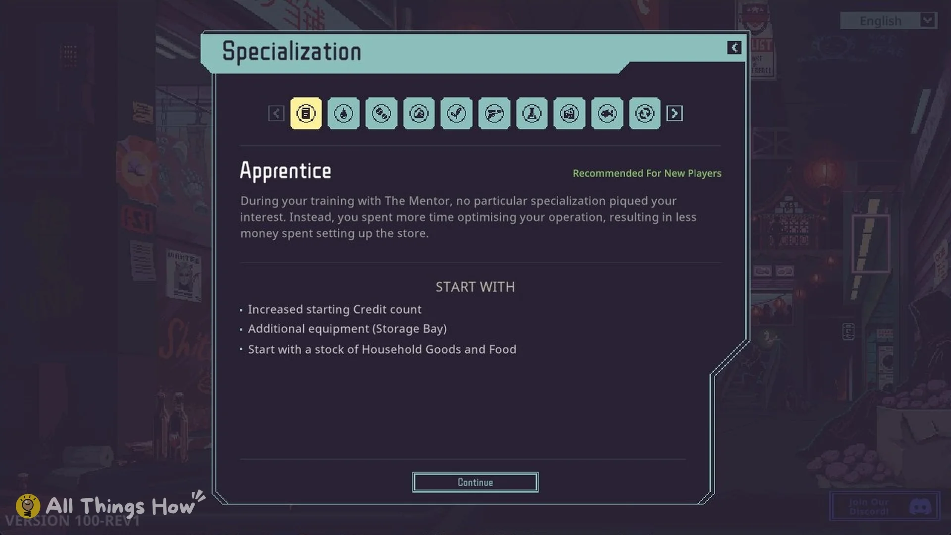 Specialization screen with Apprentice selected and marked Recommended For New Players