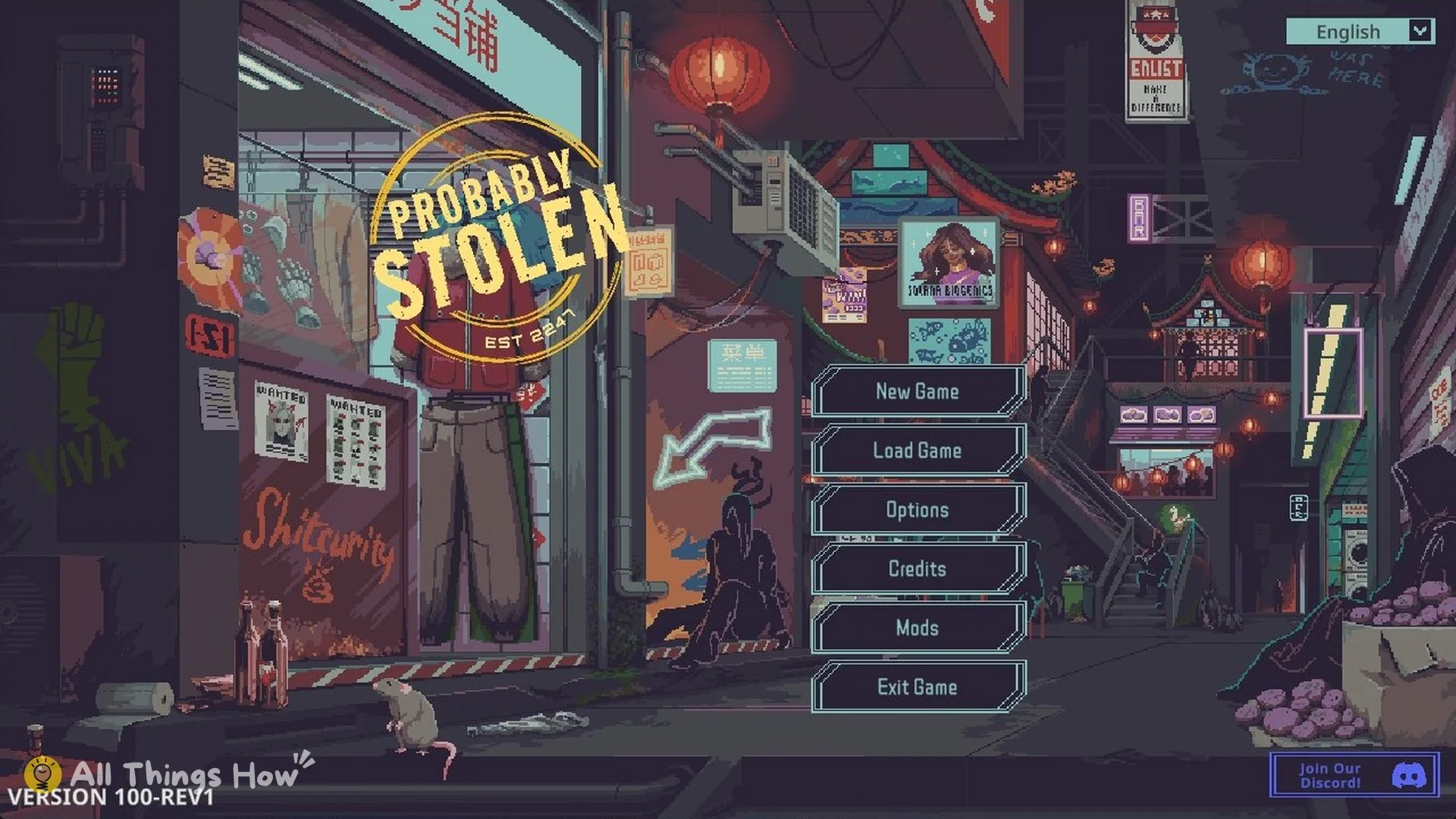 Probably Stolen title screen with New Game, Load Game, Options, Credits, Mods and Exit Game