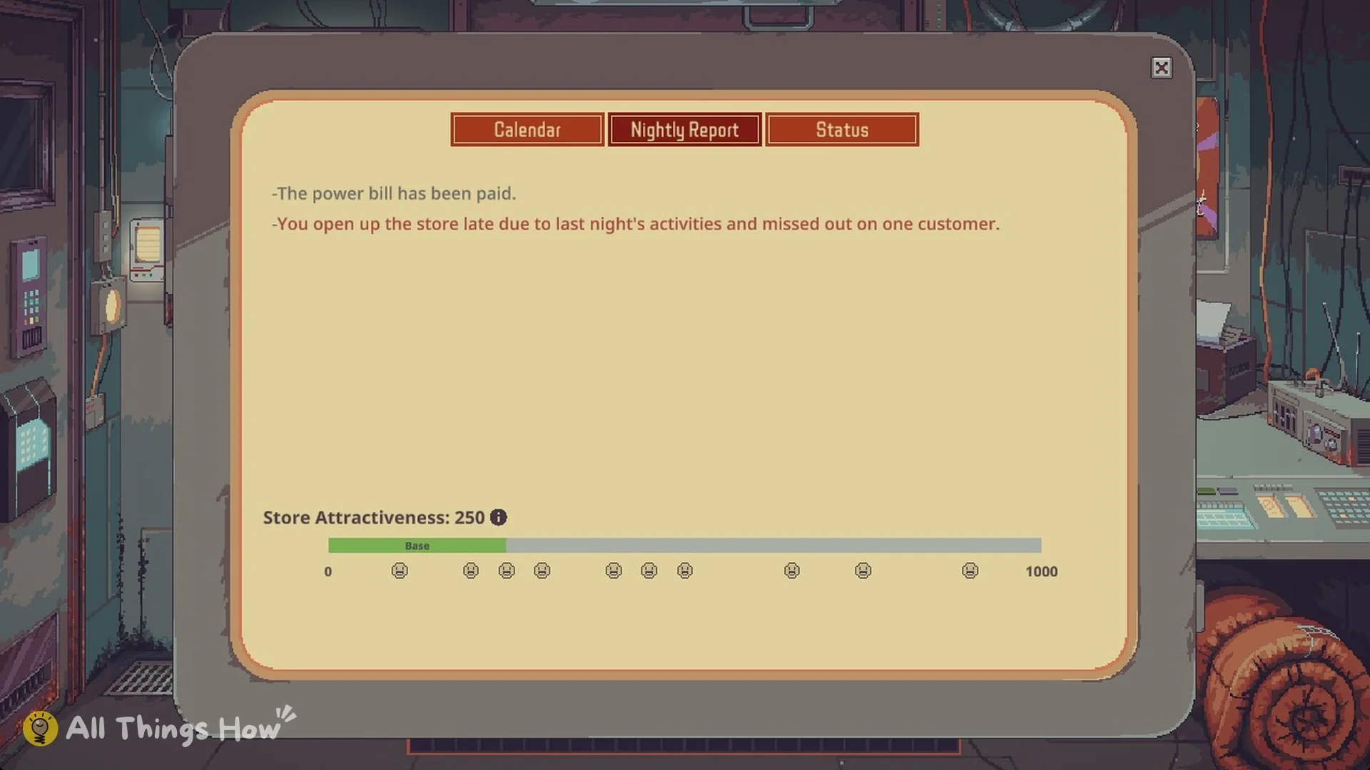 Nightly Report saying the store opened late due to last night's activities and missed one customer