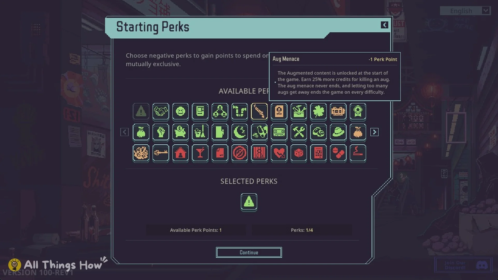 Aug Menace starting perk tooltip, -1 Perk Point