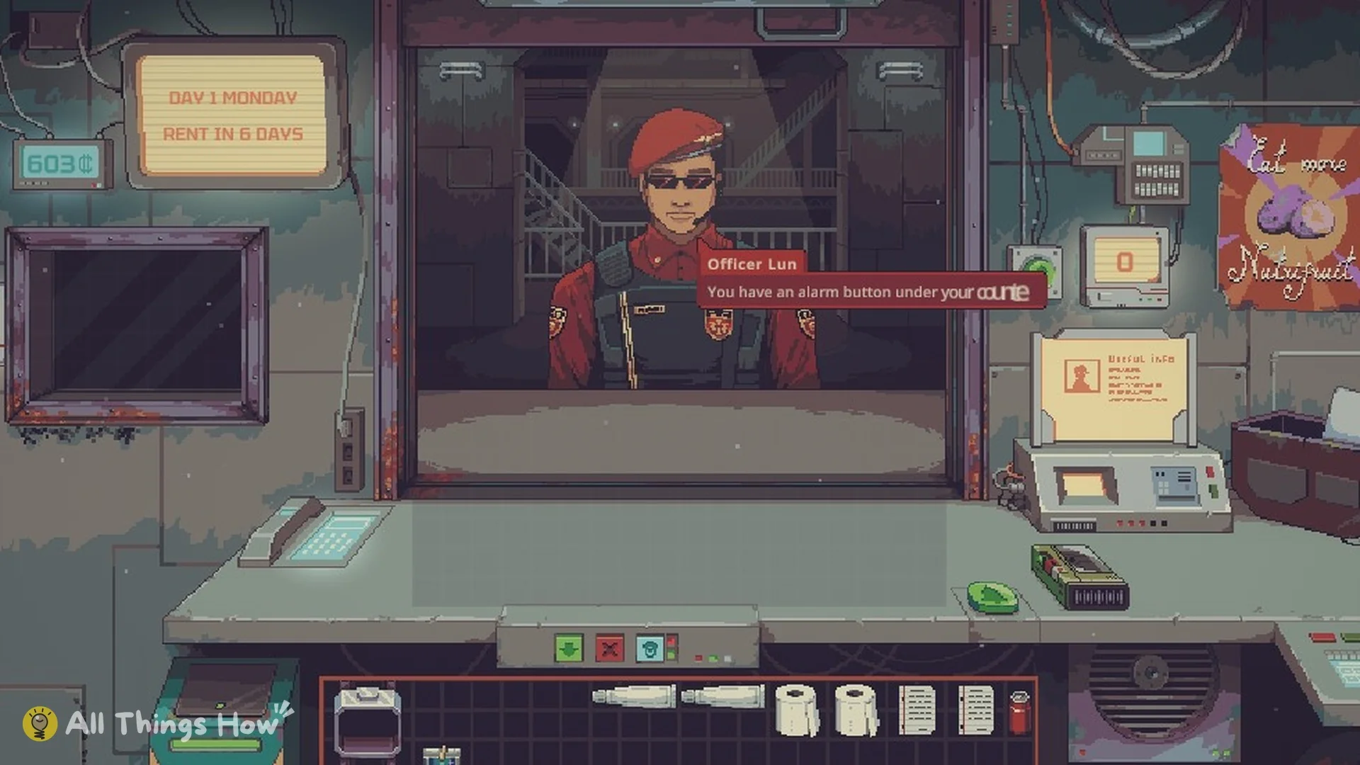 Security officer at the shop counter
