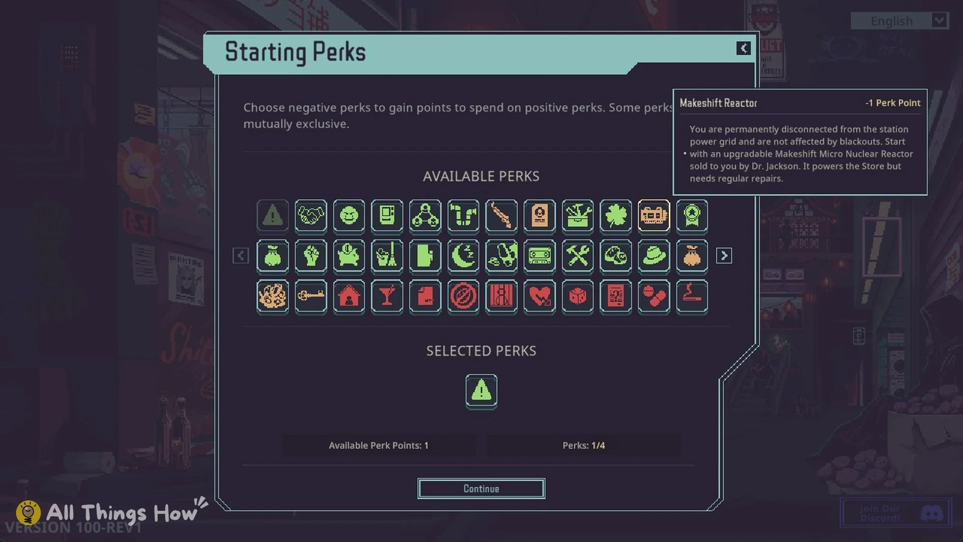 Makeshift Reactor starting perk tooltip, -1 Perk Point
