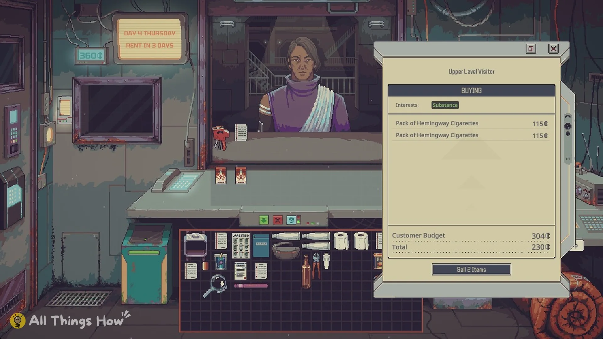 Upper Level Visitor BUYING two Packs of Hemingway Cigarettes at 115 credits each