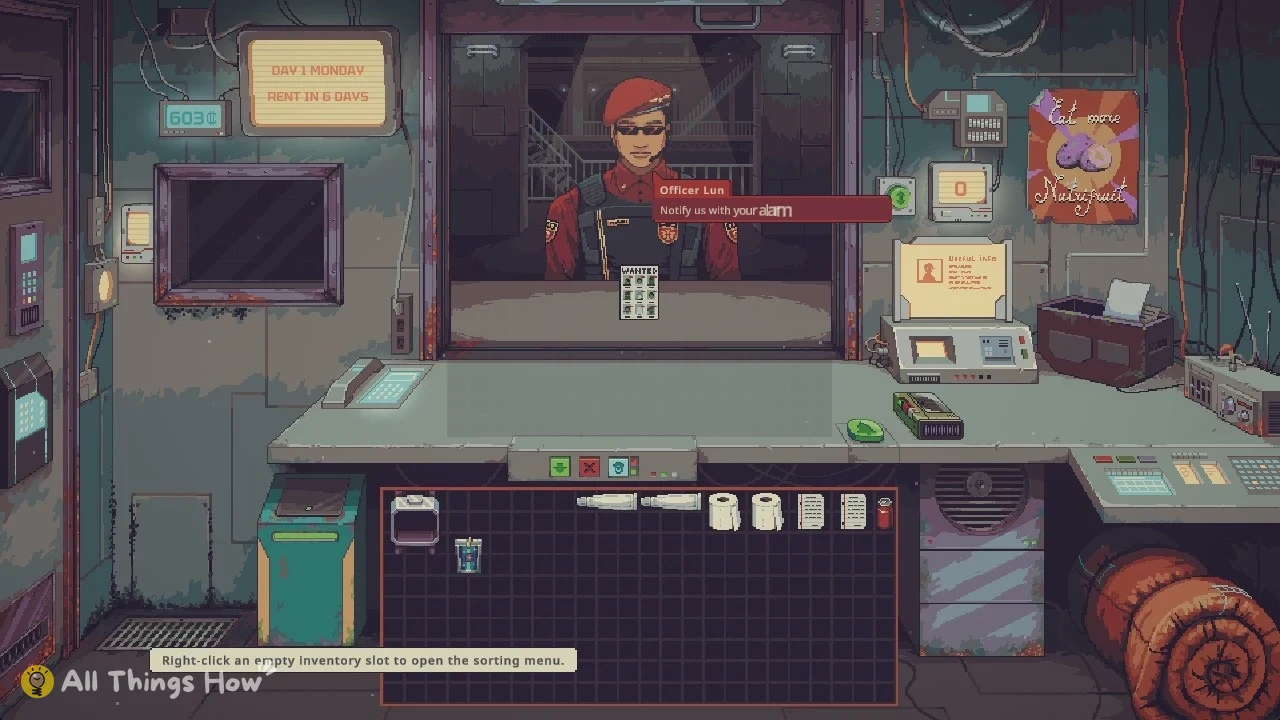 Pixel-art pawn shop booth with a uniformed officer in a red beret at the window, inventory grid below.