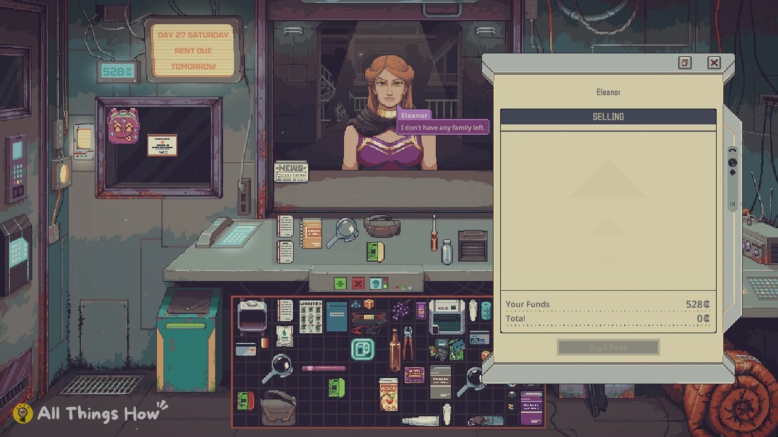 Eleanor at the window on Day 27 with her SELLING panel open: I don't have any family left.