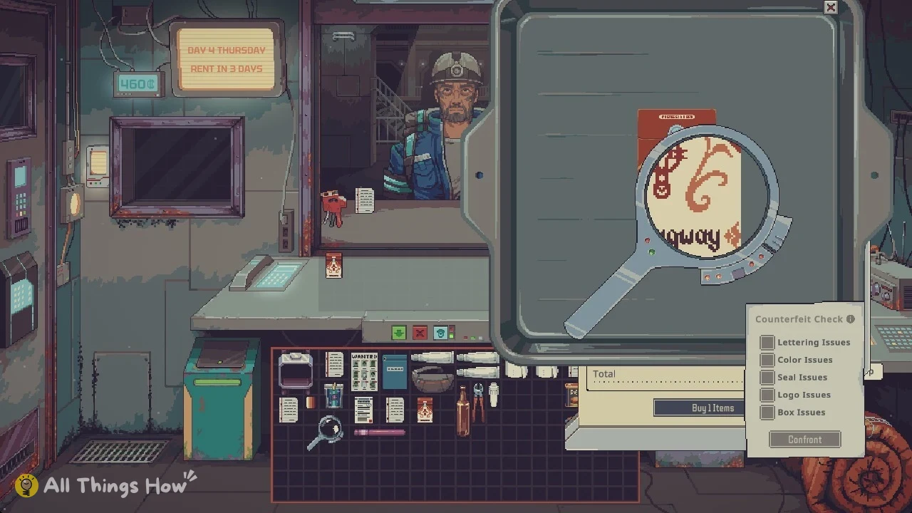 Pixel-art shop with a miner at the window, a magnifying glass enlarging a cigarette pack logo, and a checklist panel.