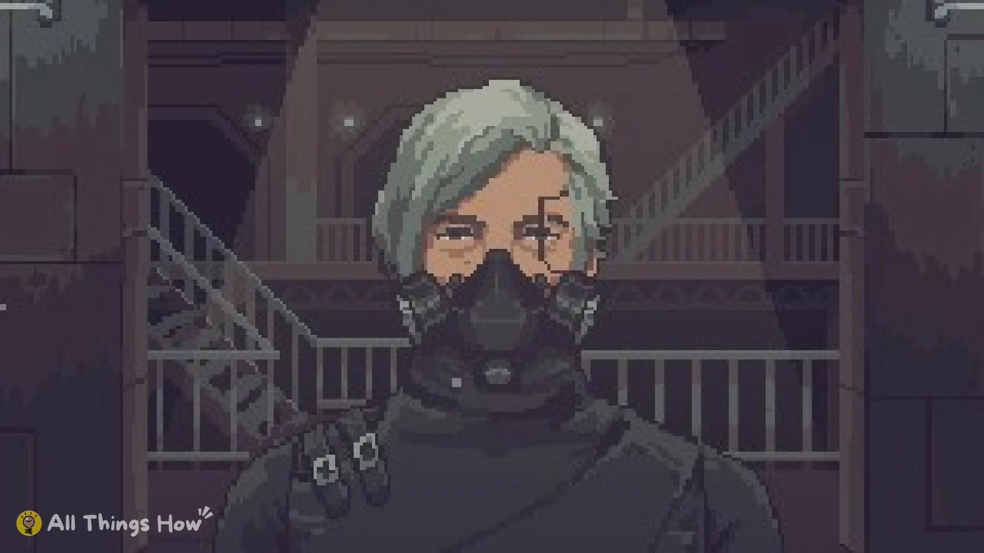 Close-up of the Aug customer with a cross-shaped chip mark on the forehead and a gas mask