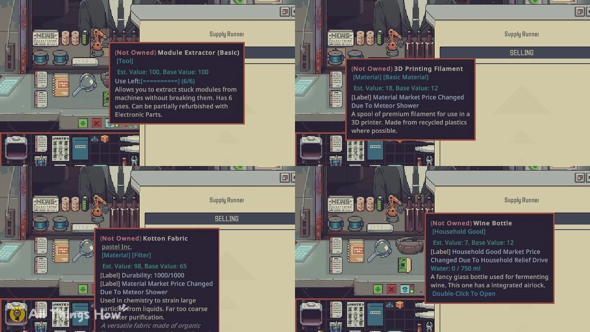 Supply Runner stock tooltips: Module Extractor (Basic), 3D Printing Filament, Kotton Fabric and Wine Bottle