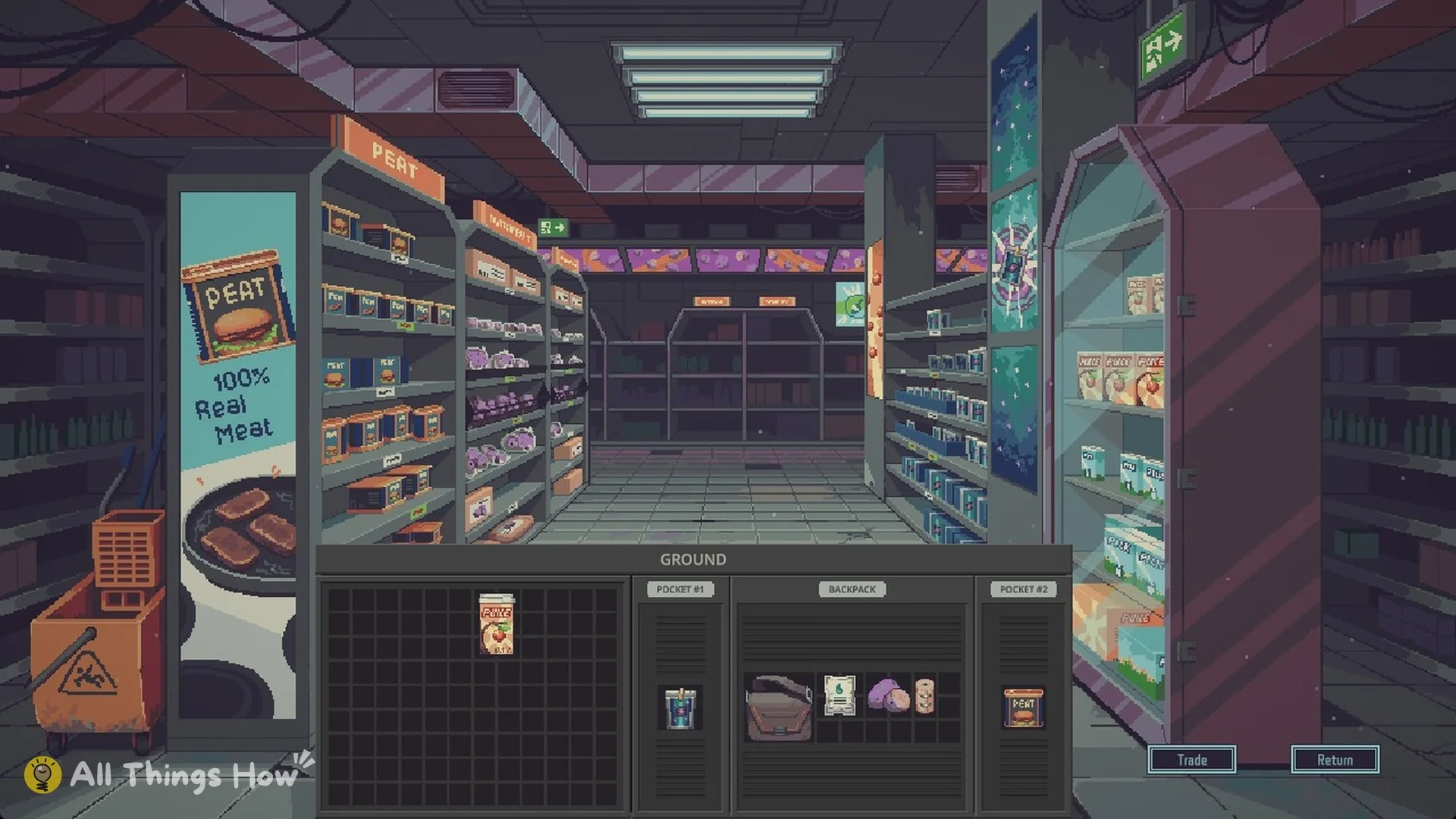 Commissary bottom panel: Galaxy Blend in Pocket #1, Peat in Pocket #2, water ration, Nutrifruit and bandage in the backpack, a Puice left on the Ground grid