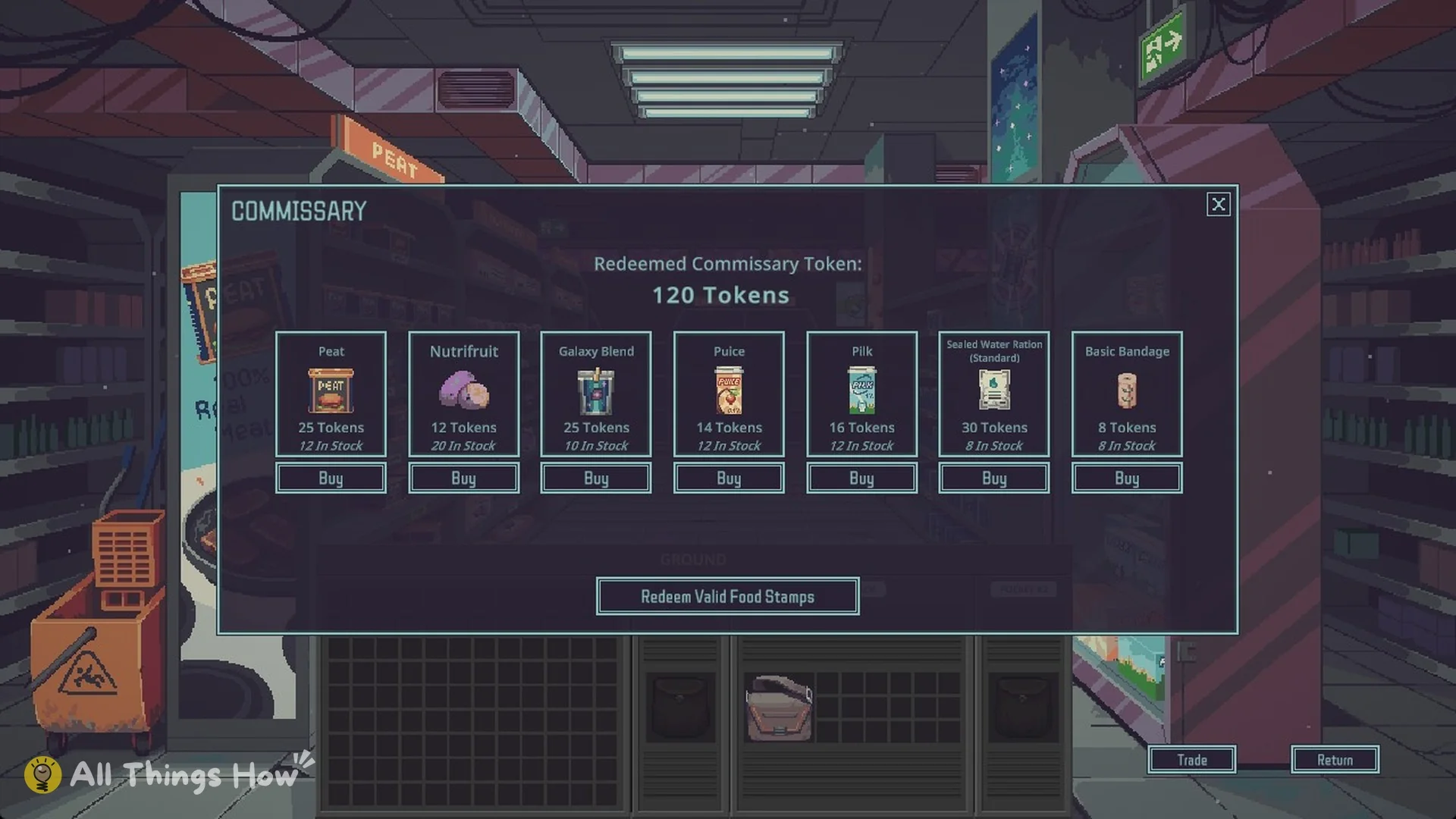 COMMISSARY panel after Redeem Valid Food Stamps: 120 Tokens