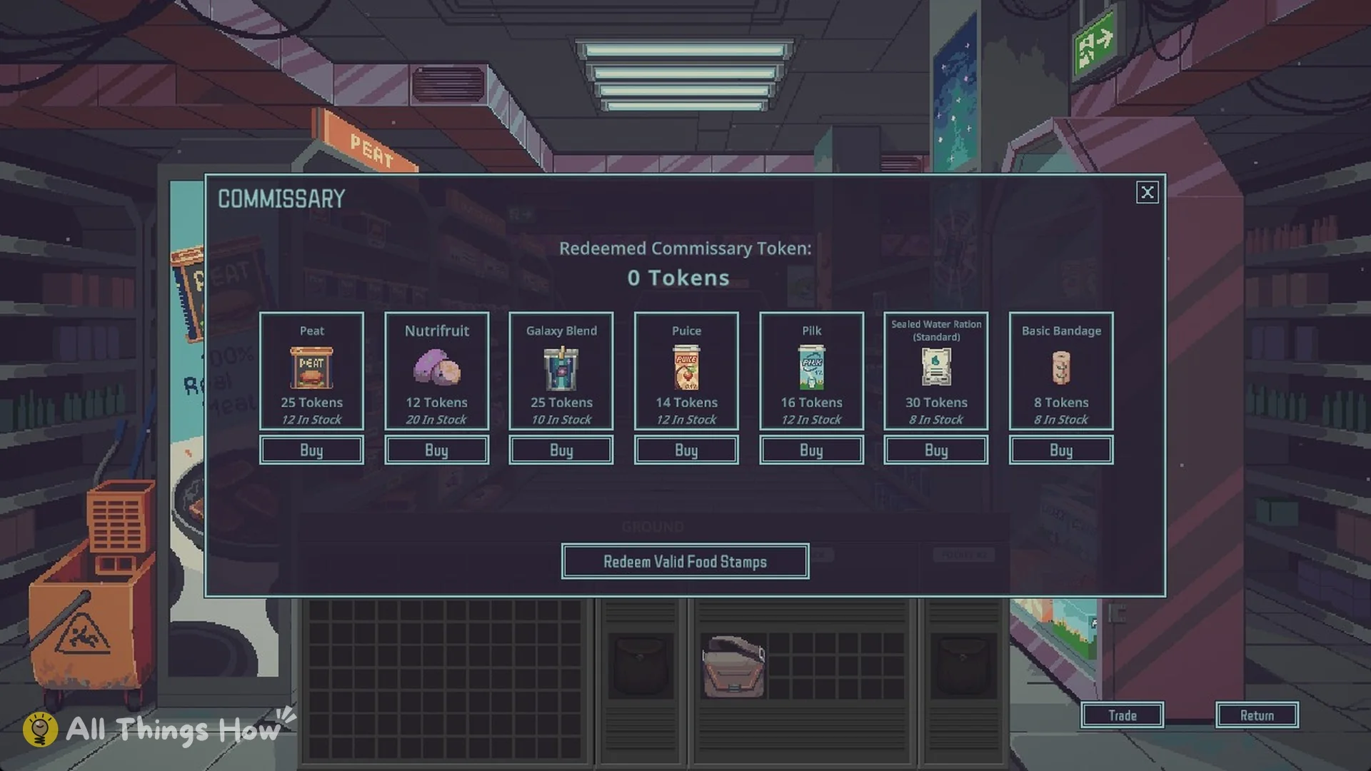 COMMISSARY panel: Redeemed Commissary Token 0 Tokens, Peat 25, Nutrifruit 12, Galaxy Blend 25, Puice 14, Pilk 16, Sealed Water Ration 30, Basic Bandage 8