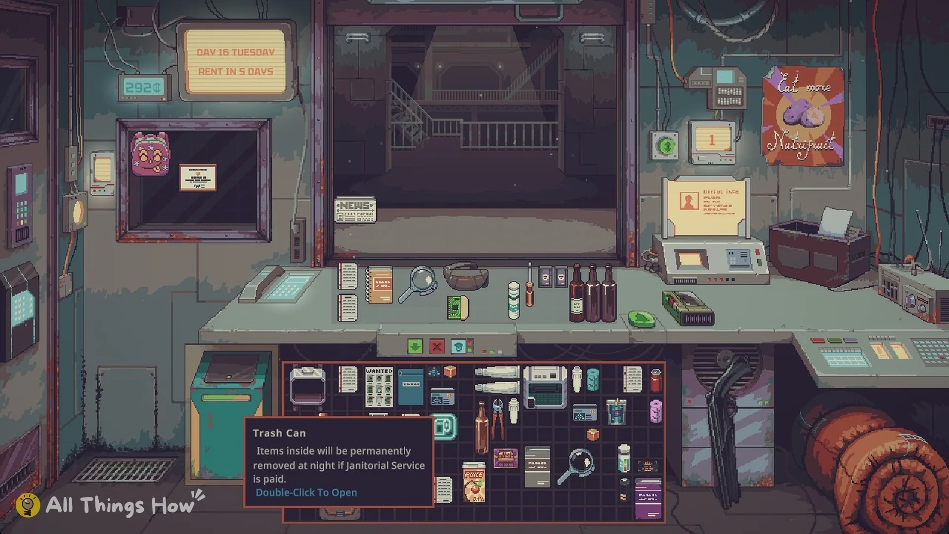 Trash Can tooltip: Items inside will be permanently removed at night if Janitorial Service is paid