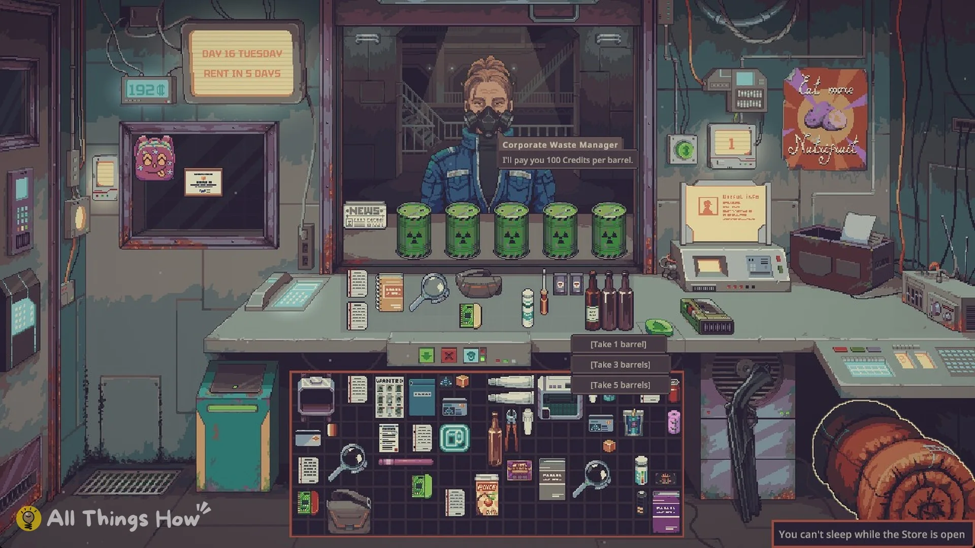 Corporate Waste Manager in a gas mask with five green barrels: I'll pay you 100 Credits per barrel, with Take 1, 3 or 5 barrels