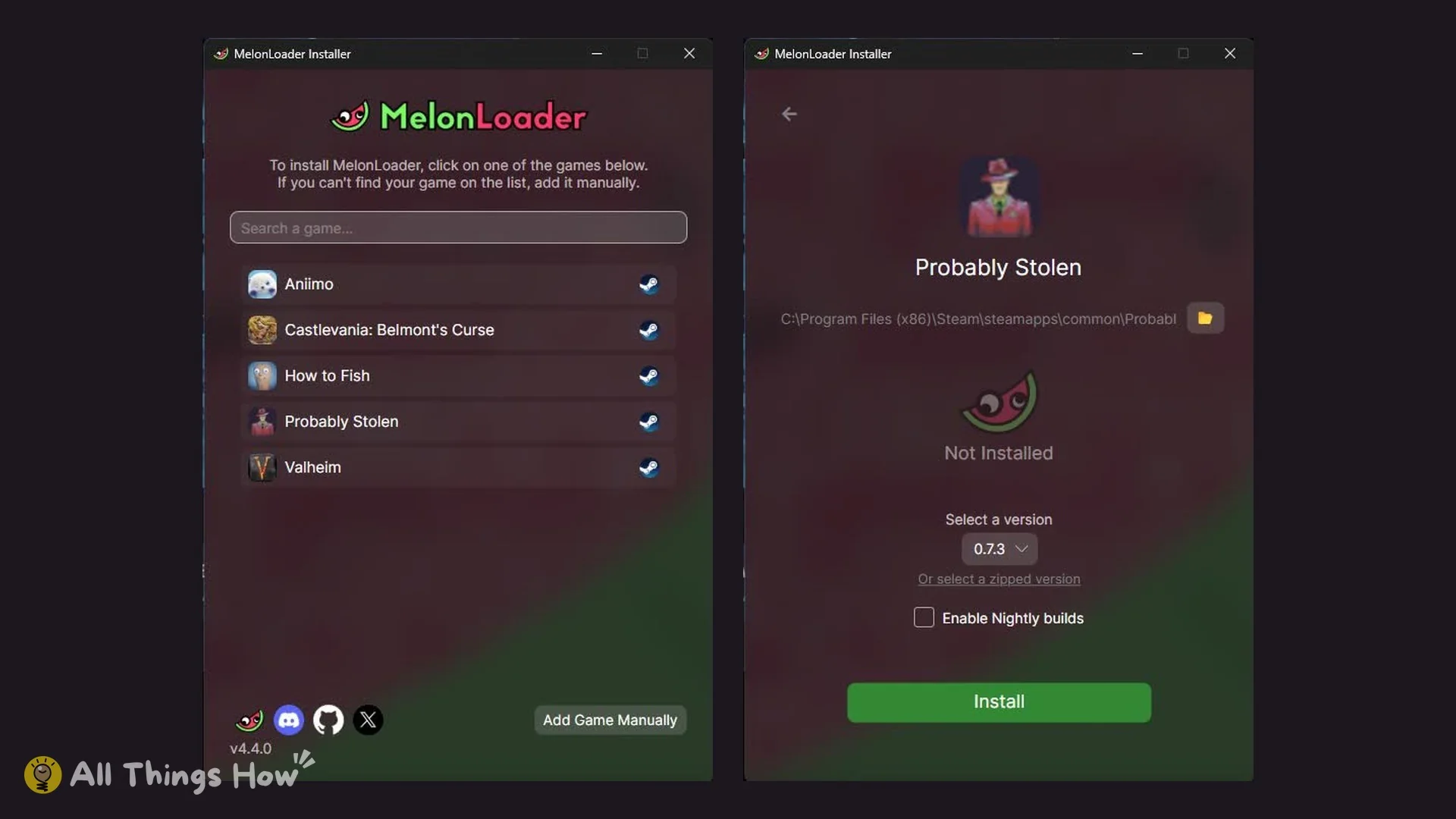 MelonLoader Installer game list with Probably Stolen, and the Probably Stolen page with version 0.7.3 and Install