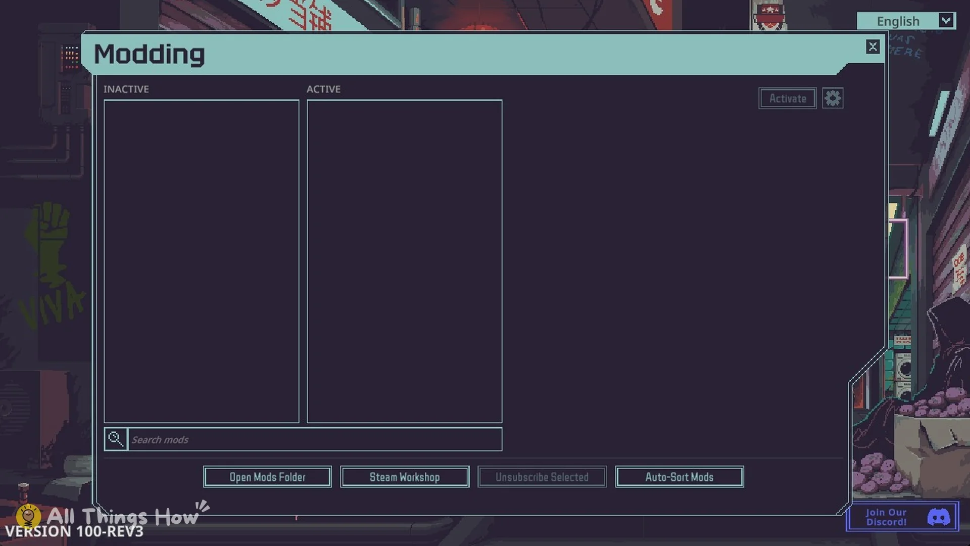 The game's Modding window with INACTIVE and ACTIVE columns, Open Mods Folder and Steam Workshop, with MelonLoader installed