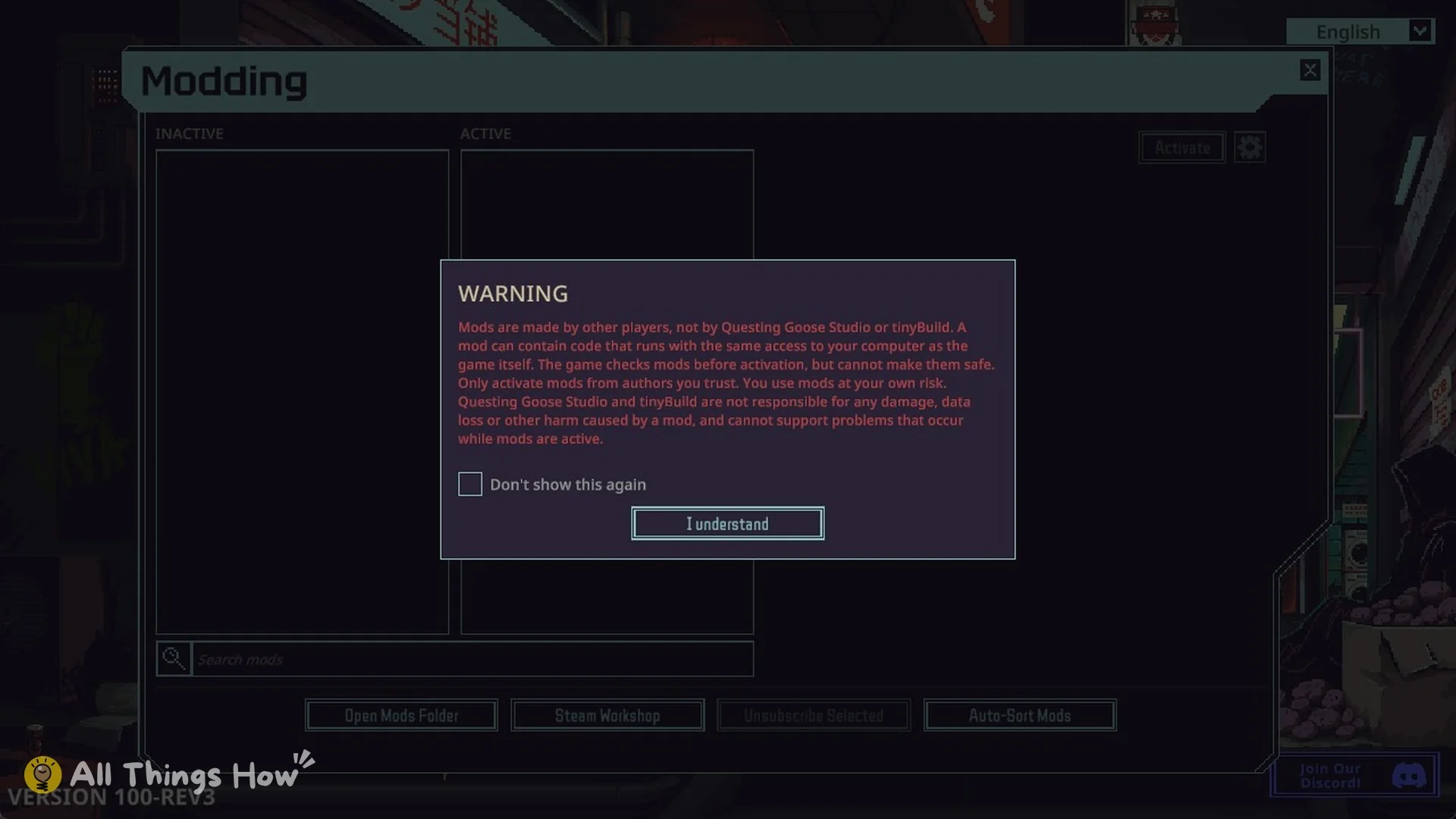 Probably Stolen Mods WARNING popup over the Modding window