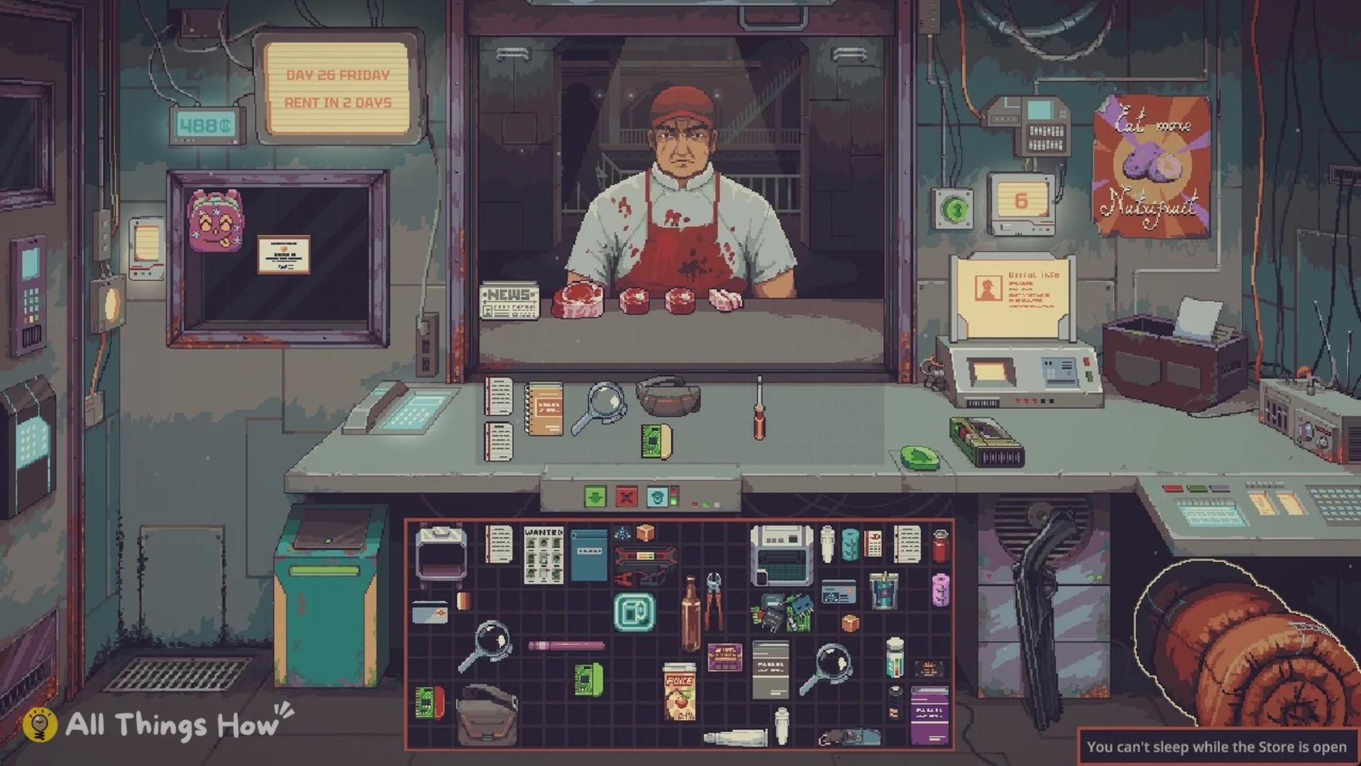The Butcher in a red cap and bloody apron back at the window with raw meat