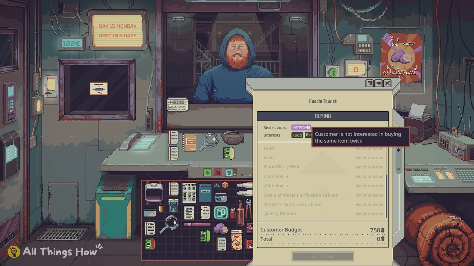 Foodie Tourist buying panel with the Variety restriction tooltip and a 750 budget