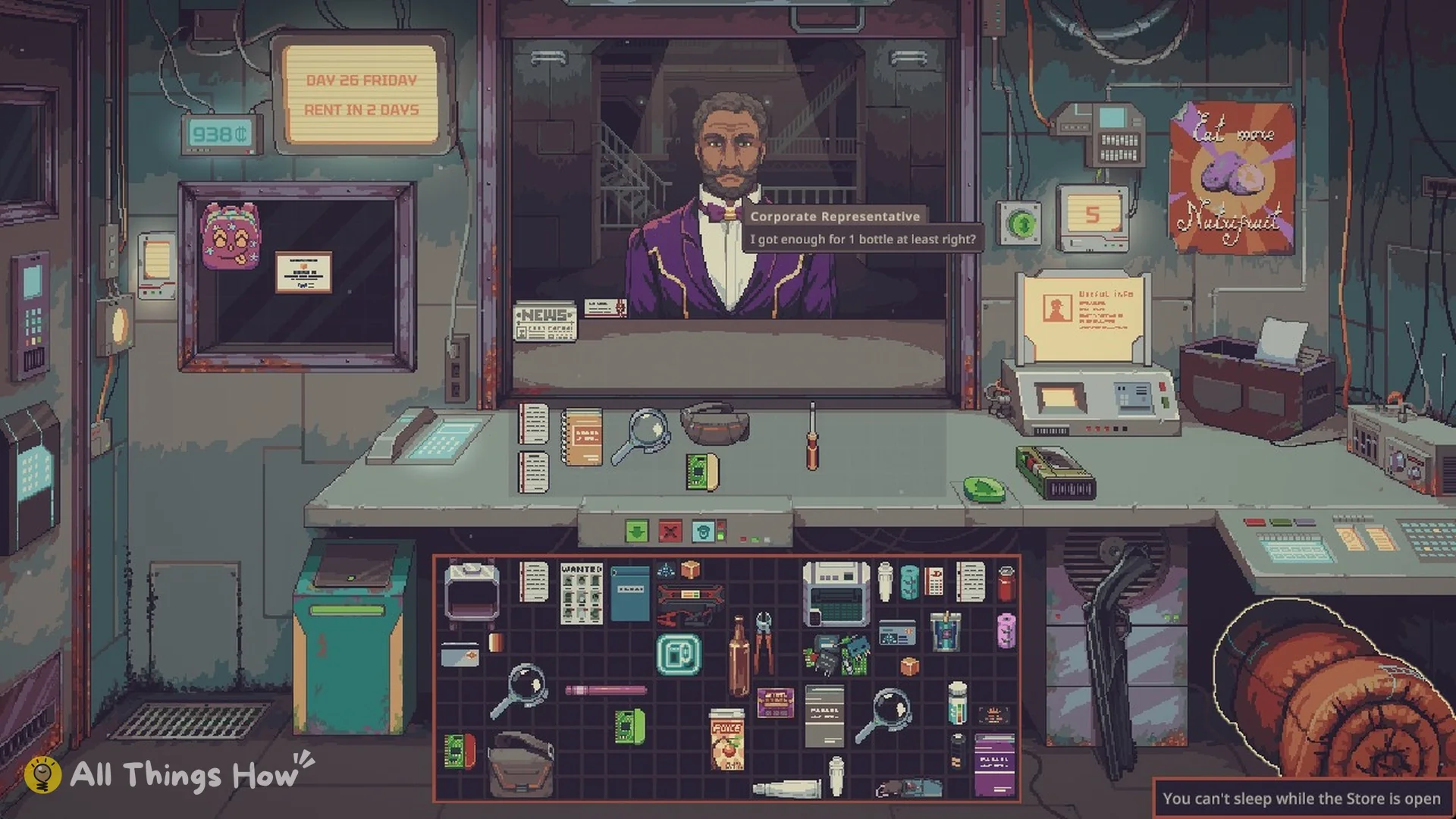 Corporate Representative at the store window during the Water Supply Crisis, Day 26