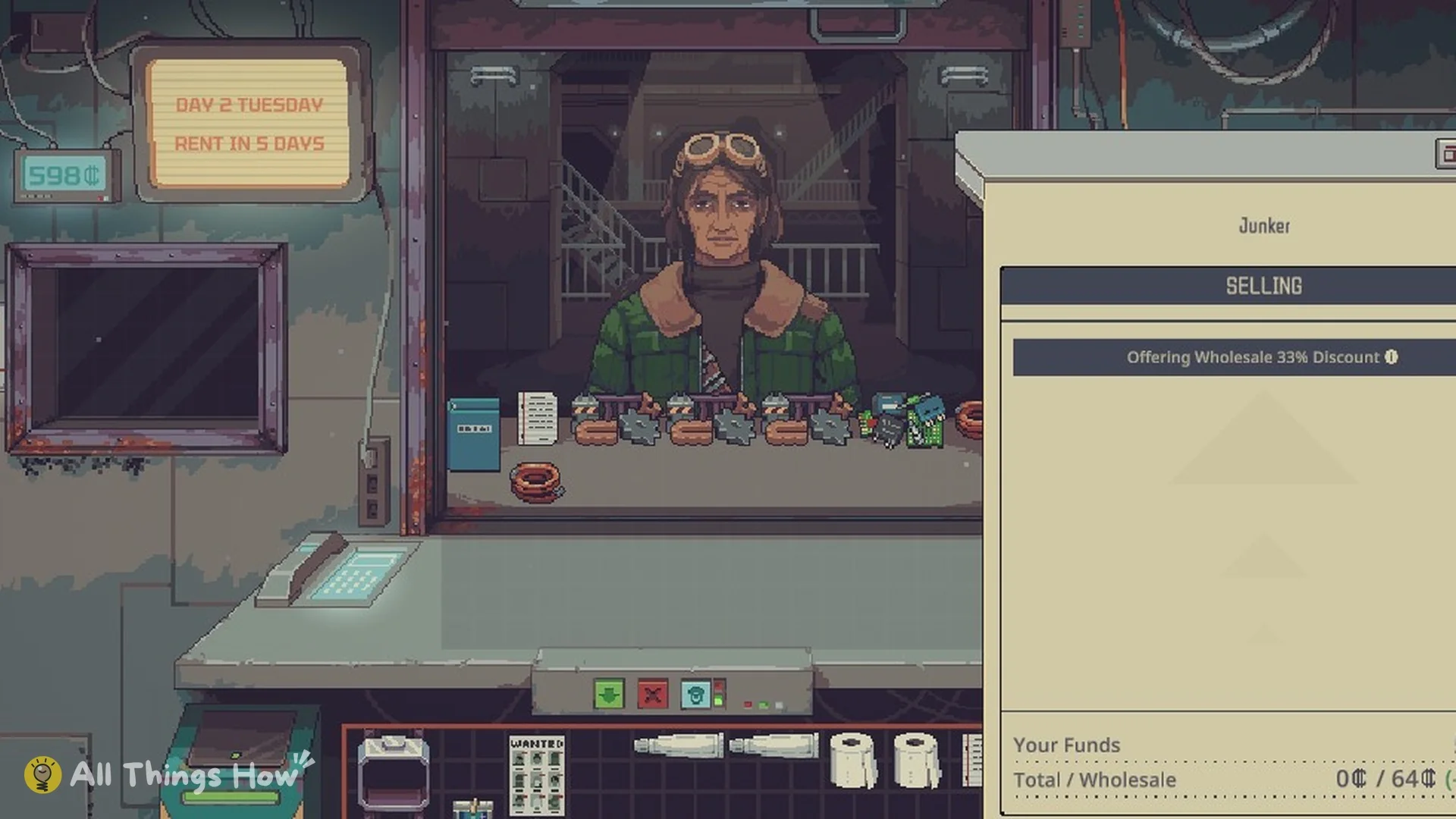 A Junker selling items at the counter in Probably Stolen