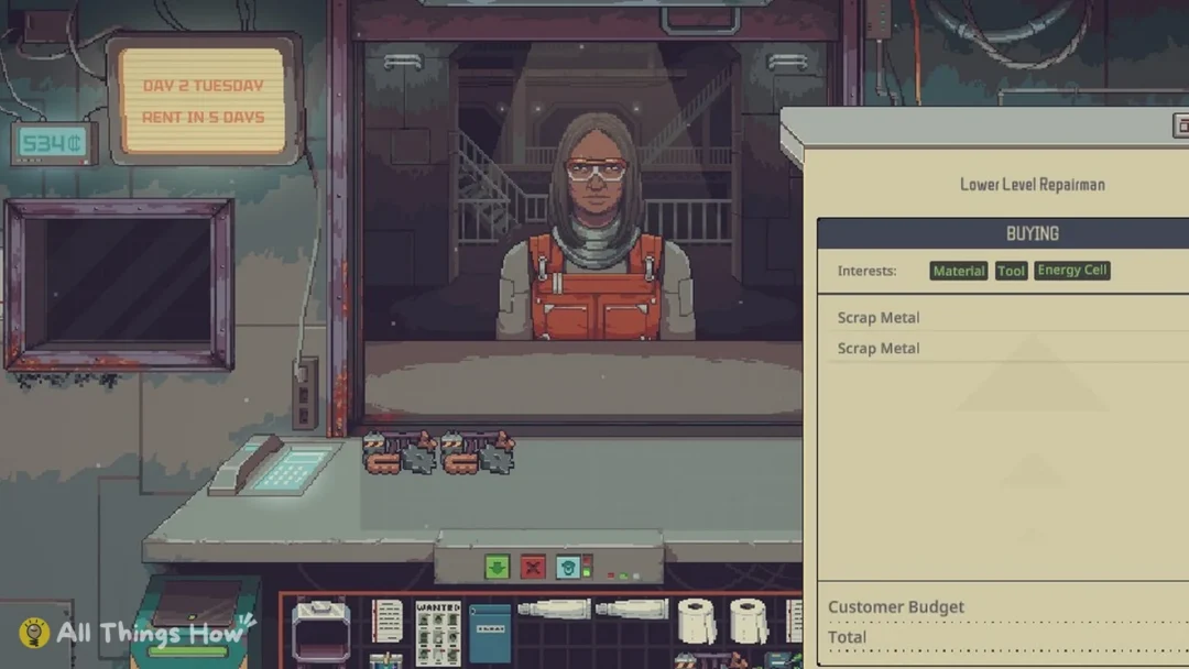 A Lower Level Repairman buying scrap at the counter in Probably Stolen