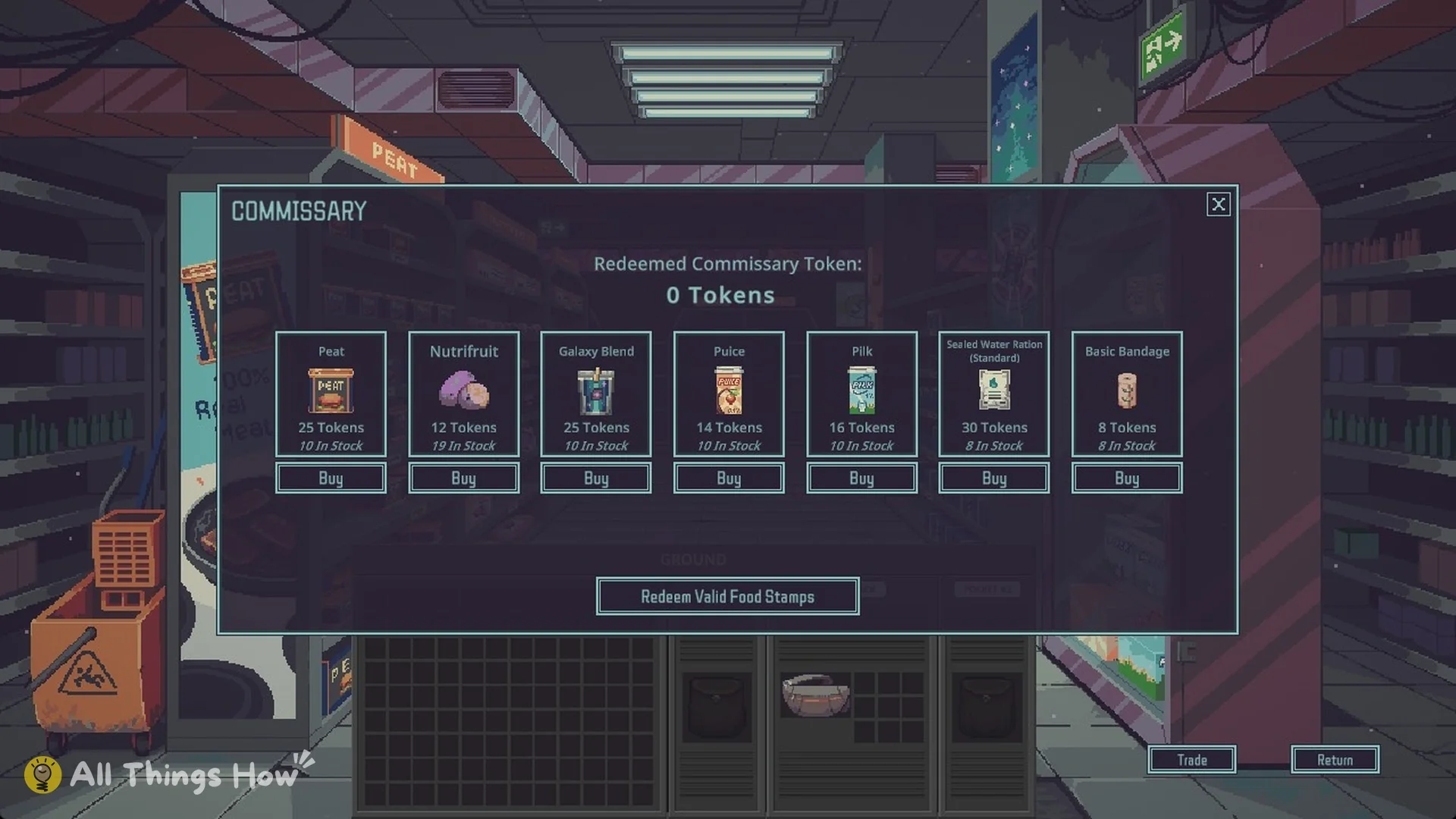 Commissary token shop with prices for seven items and the Redeem Valid Food Stamps button