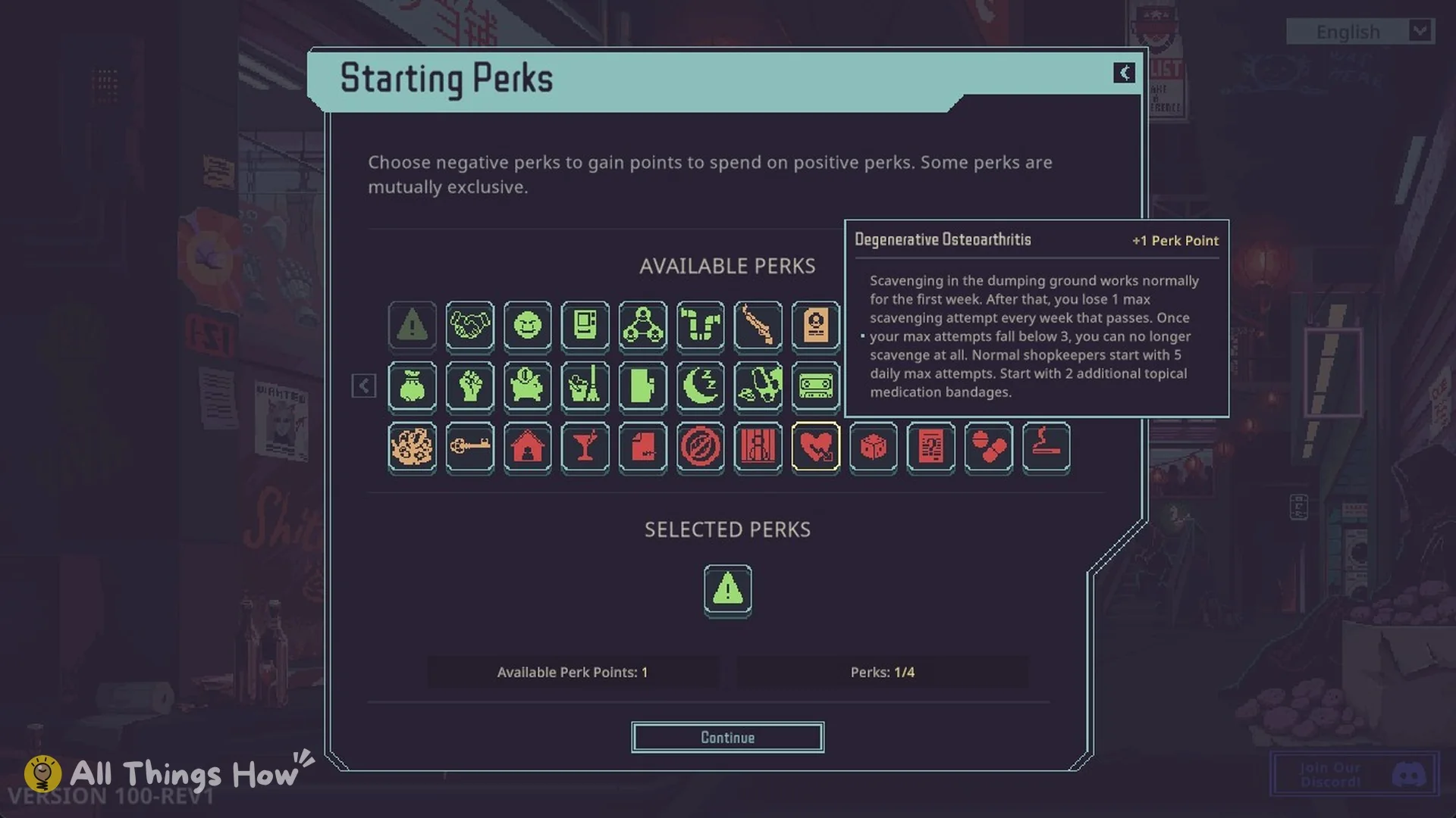 Degenerative Osteoarthritis perk tooltip giving 1 perk point