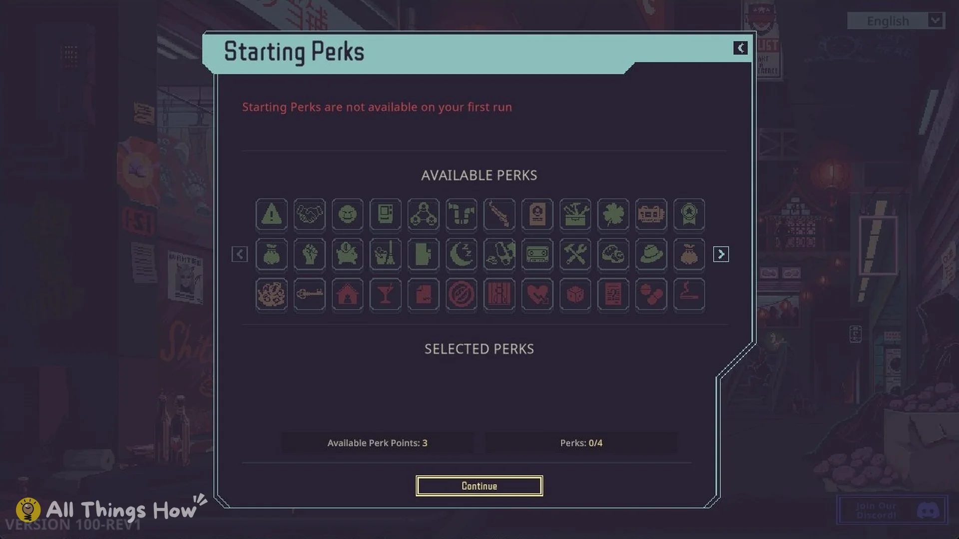 Starting Perks screen reading Starting Perks are not available on your first run