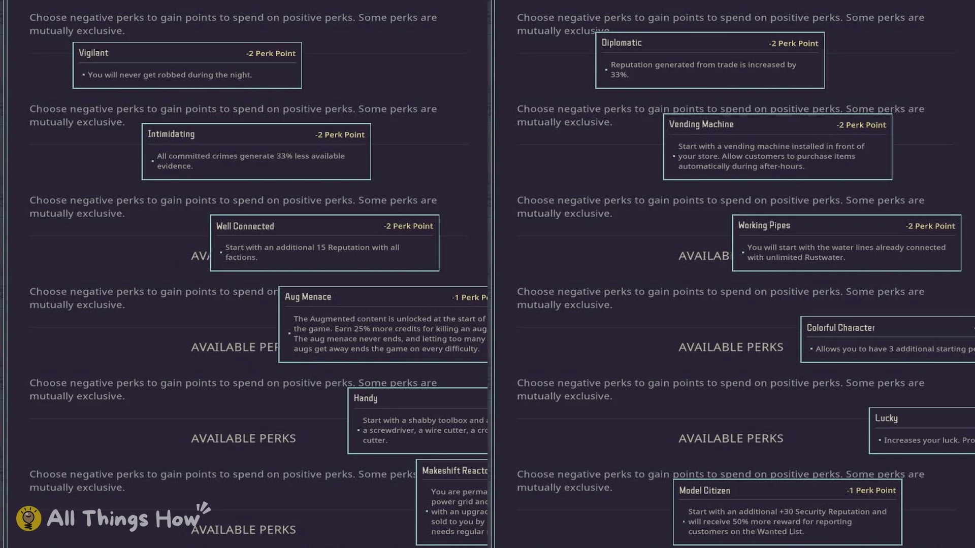 Starting Perks screen with the first page of perk icons in three rows