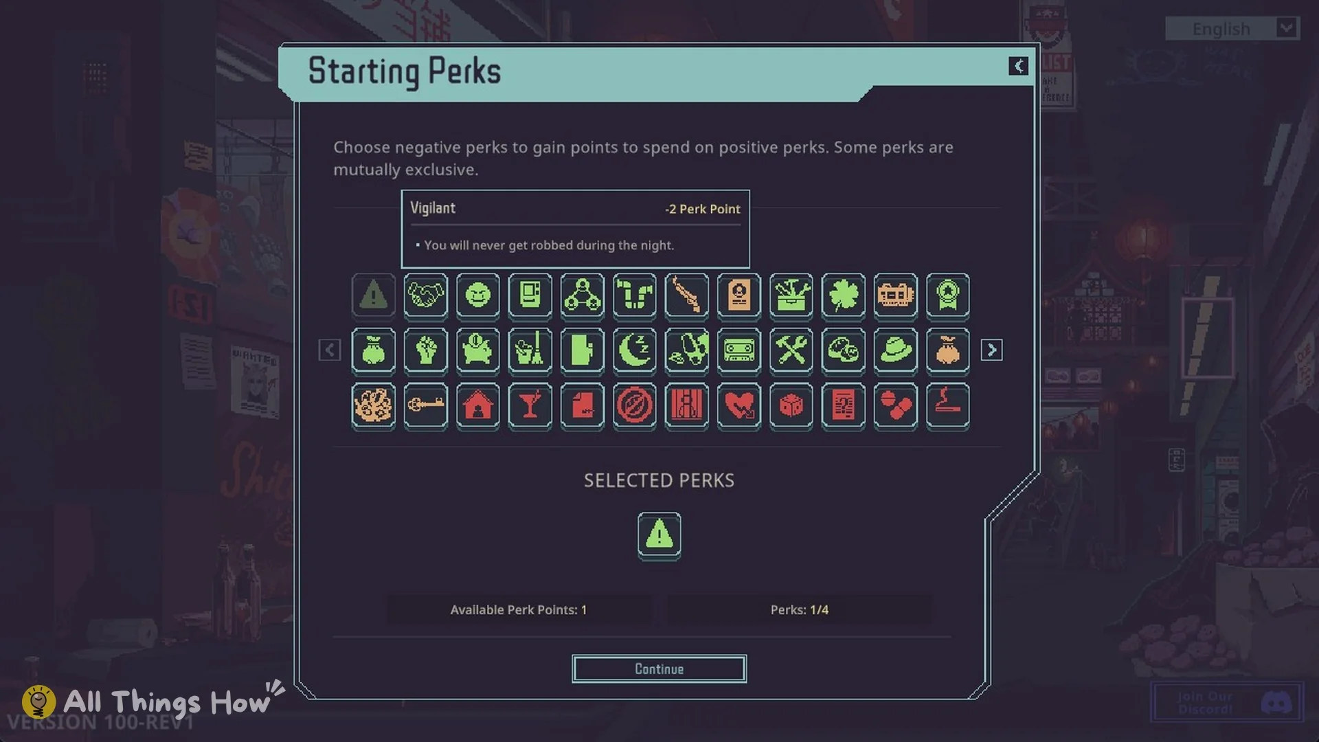 Starting Perks screen with one perk in Selected Perks