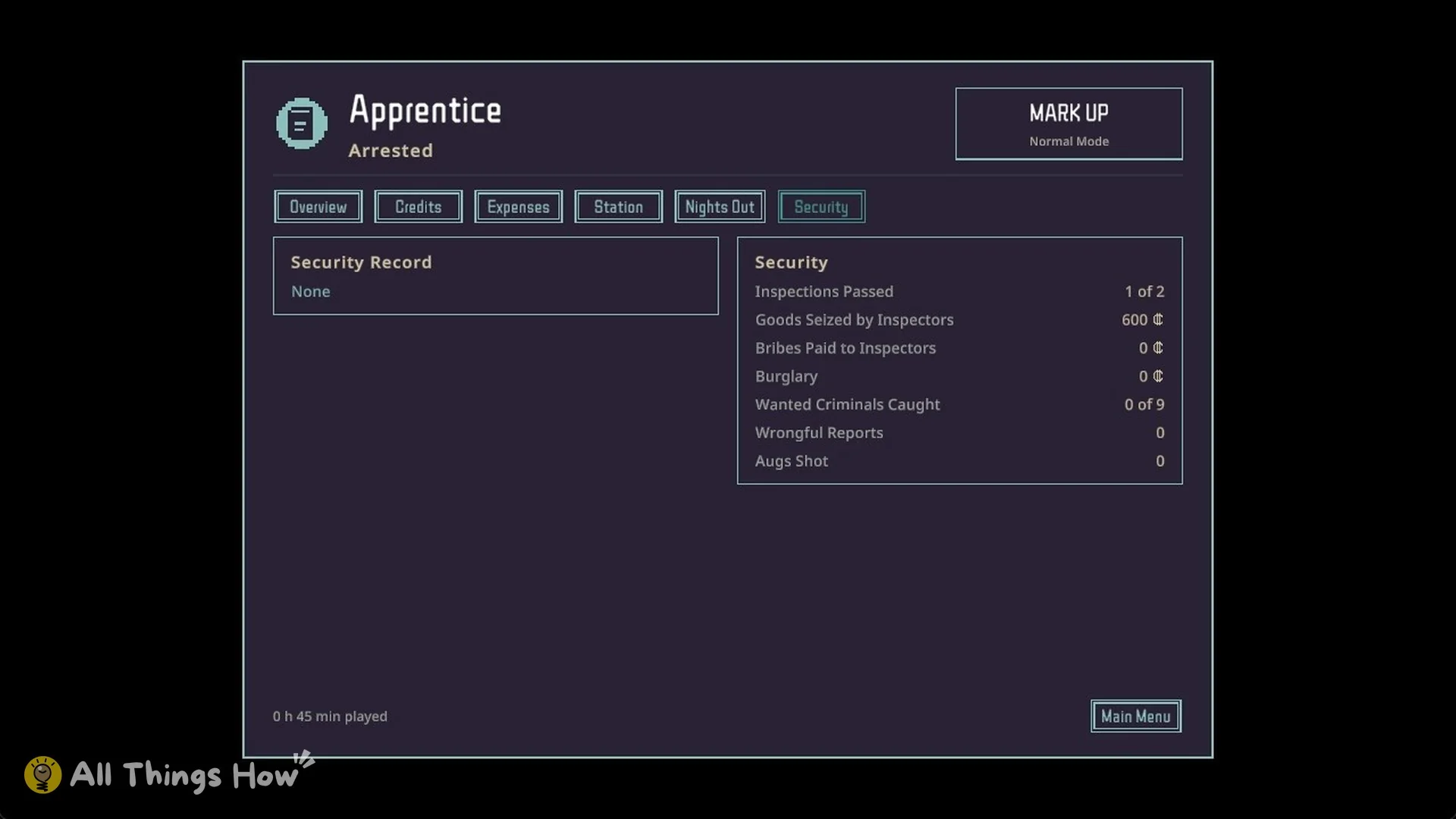 Run summary Security tab listing inspections, goods seized, bribes and wanted criminals caught