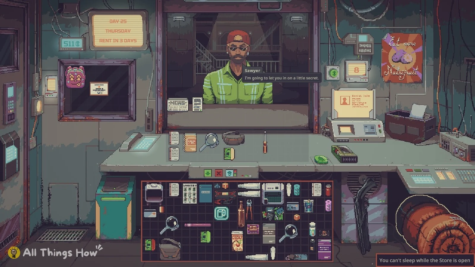 Pixel-art shop counter with a man in a red cap and green shirt at the window, items on the counter and an inventory grid below.