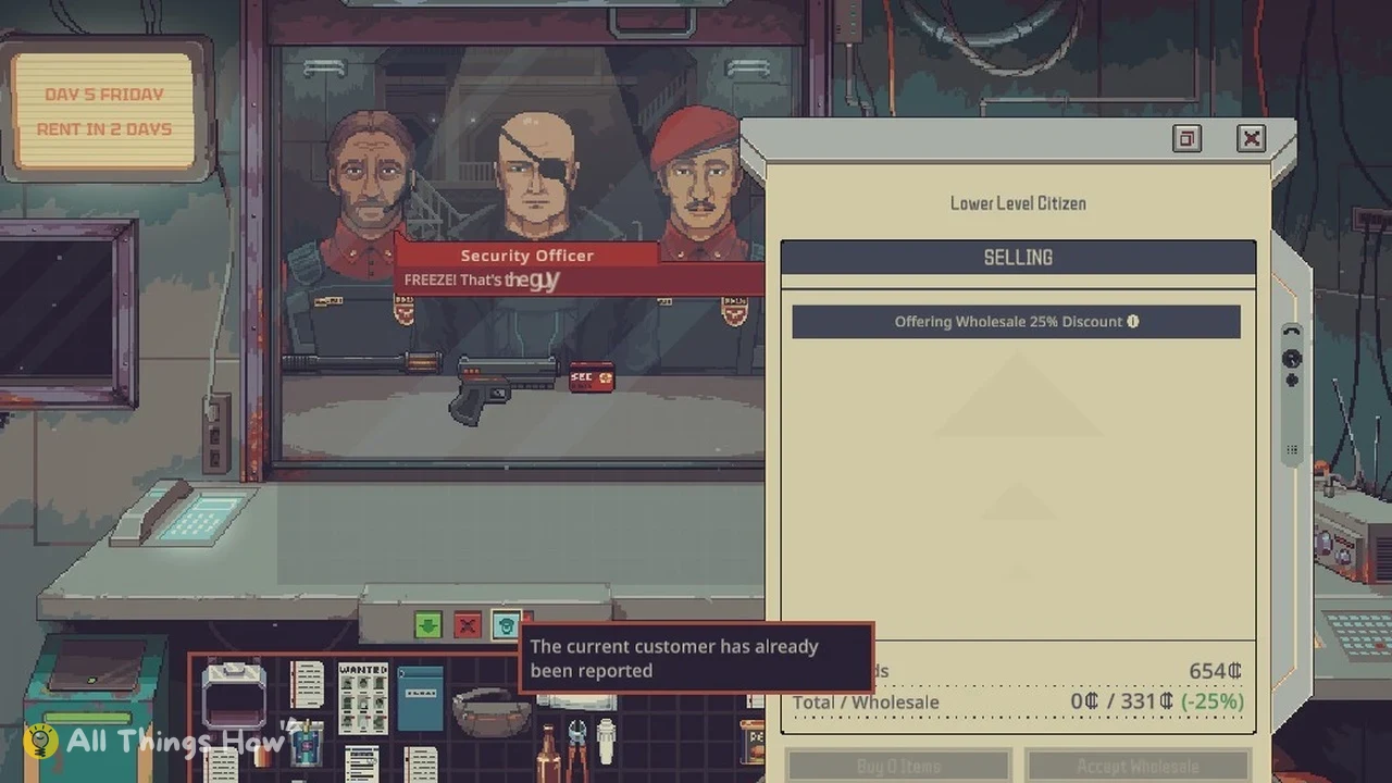 Pixel-art shop counter with three uniformed security officers behind glass, a pistol on the counter, and a selling panel on the right.