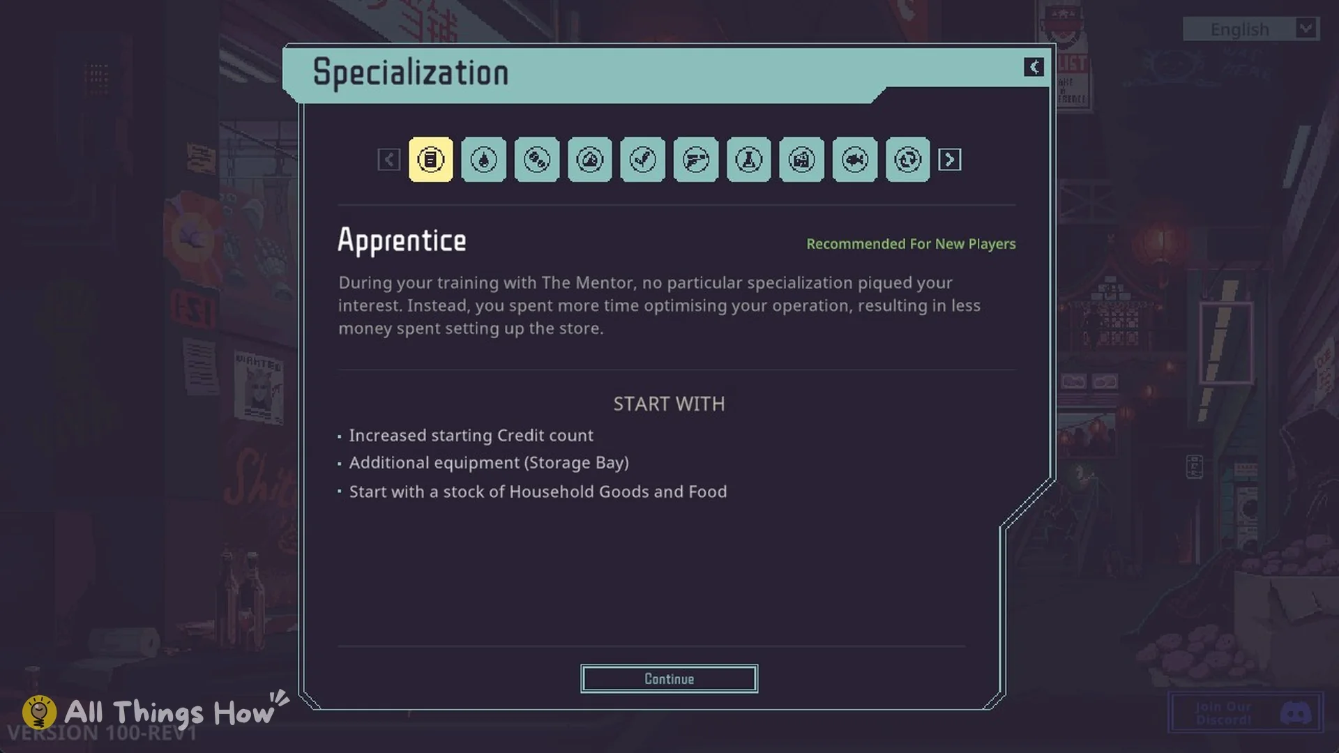 Specialization screen showing Apprentice tagged Recommended For New Players with its START WITH list