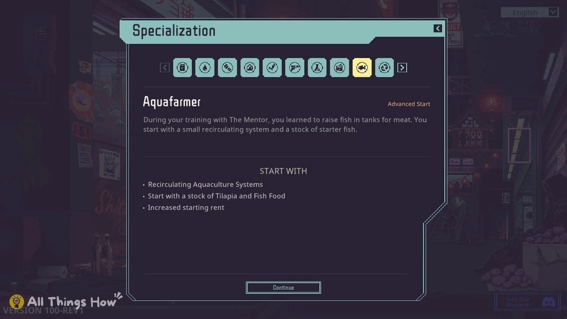 Specialization screen showing Aquafarmer tagged Advanced Start with its START WITH list
