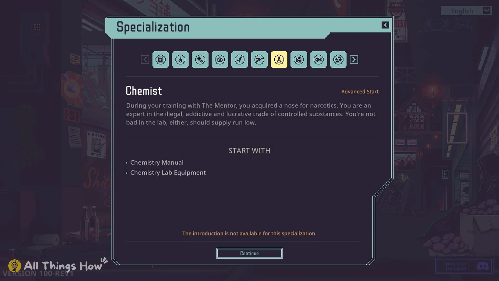 Specialization screen showing Chemist tagged Advanced Start with its START WITH list