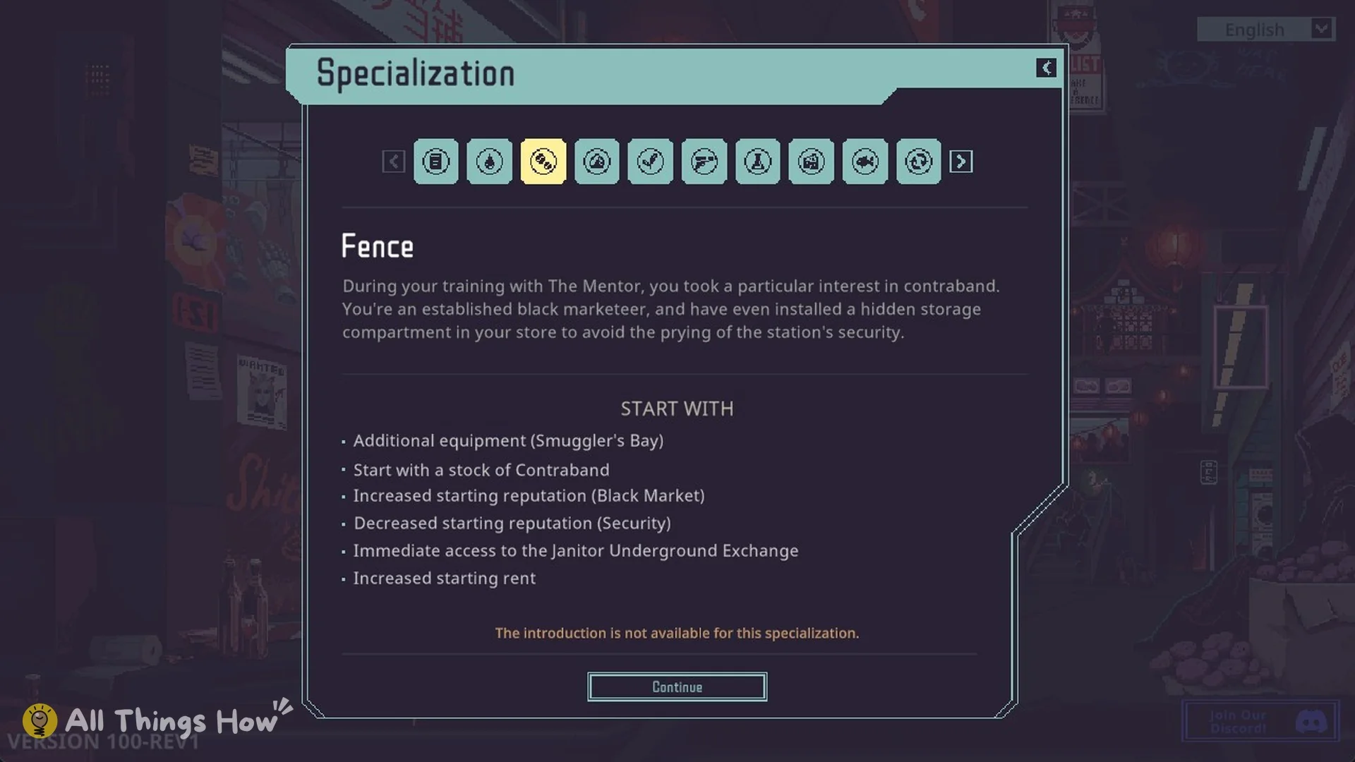 Specialization screen showing Fence with its START WITH list