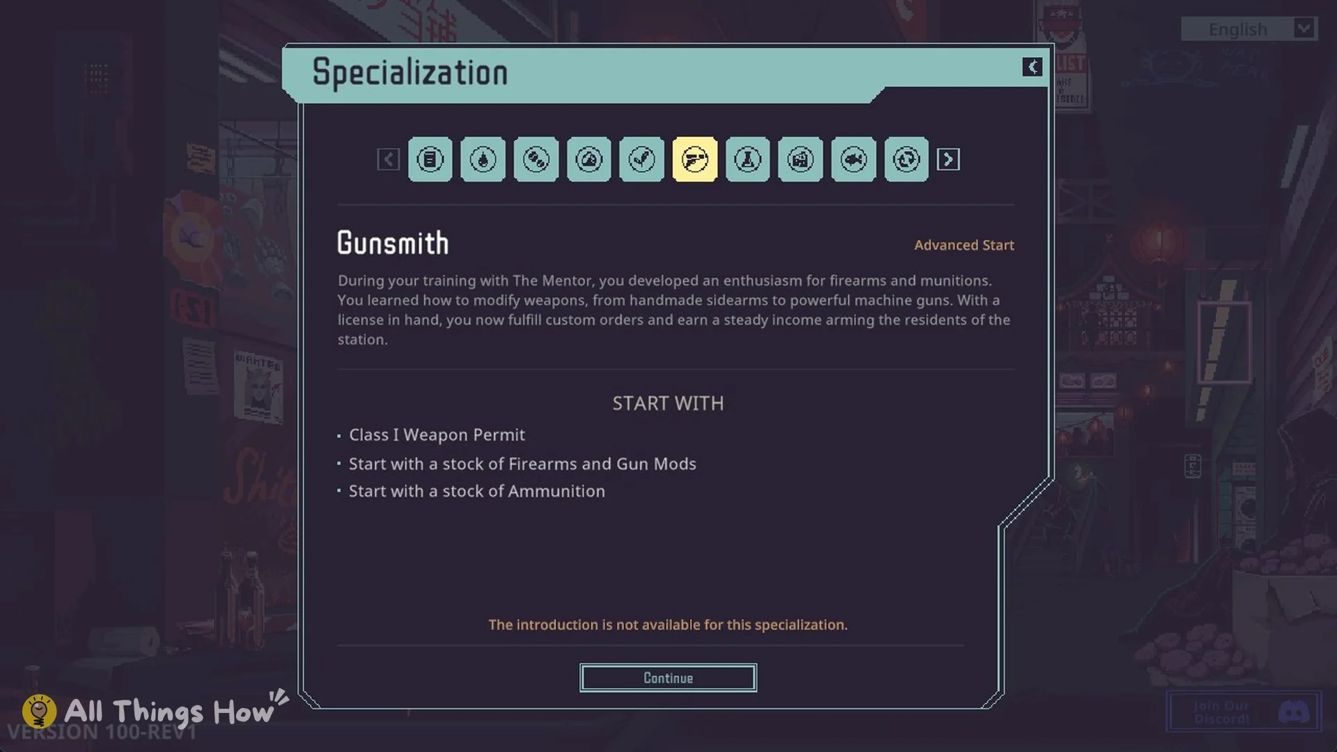 Specialization screen showing Gunsmith tagged Advanced Start with its START WITH list