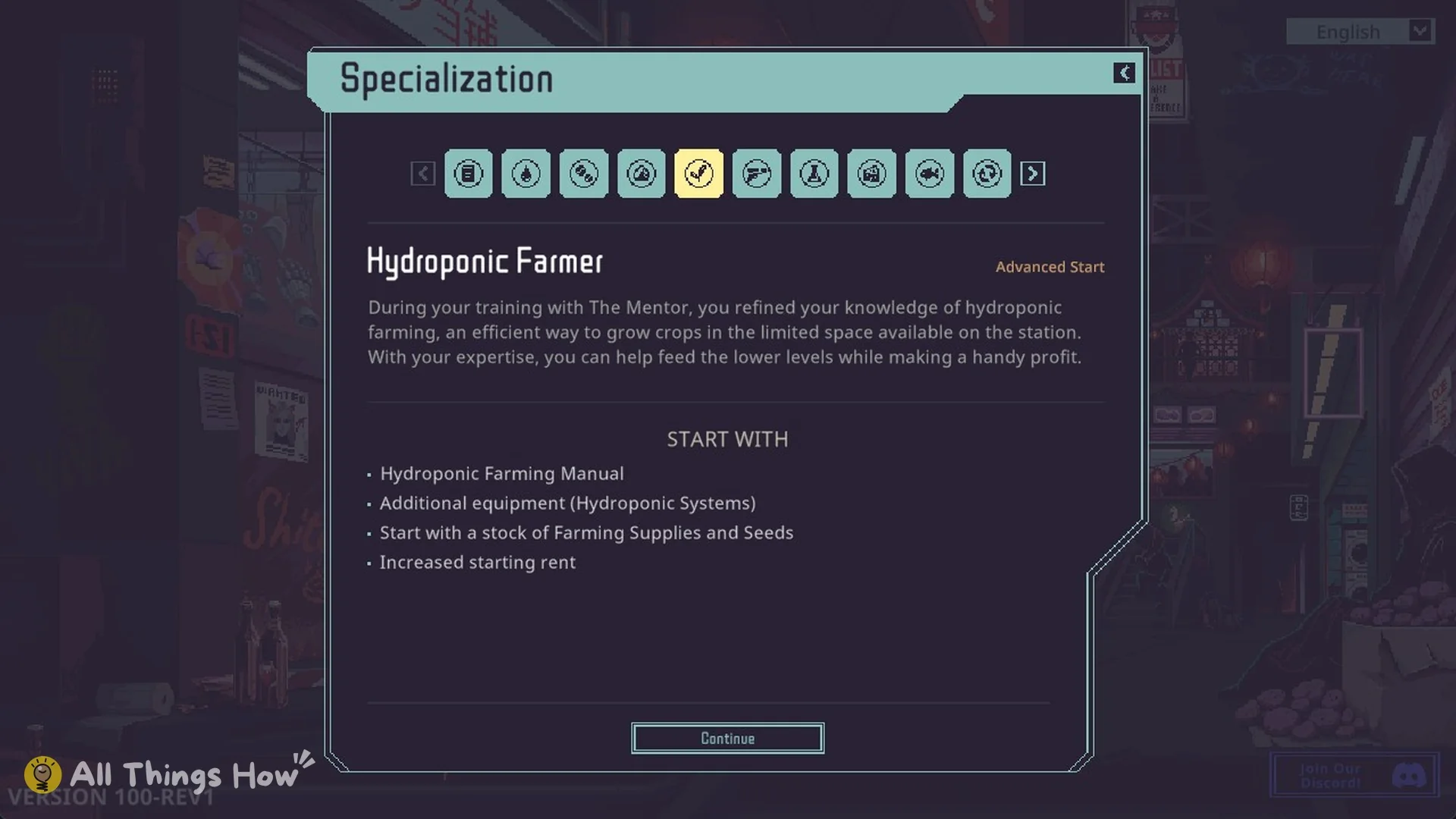Specialization screen showing Hydroponic Farmer tagged Advanced Start with its START WITH list