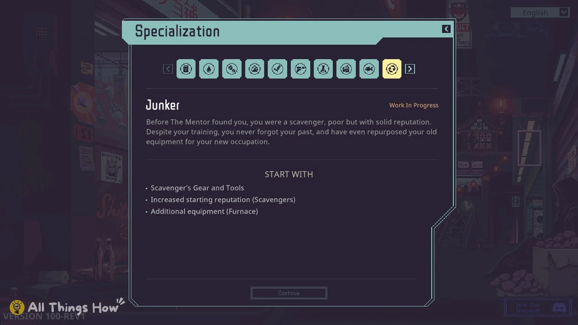 Specialization screen showing Junker tagged Work In Progress with its START WITH list