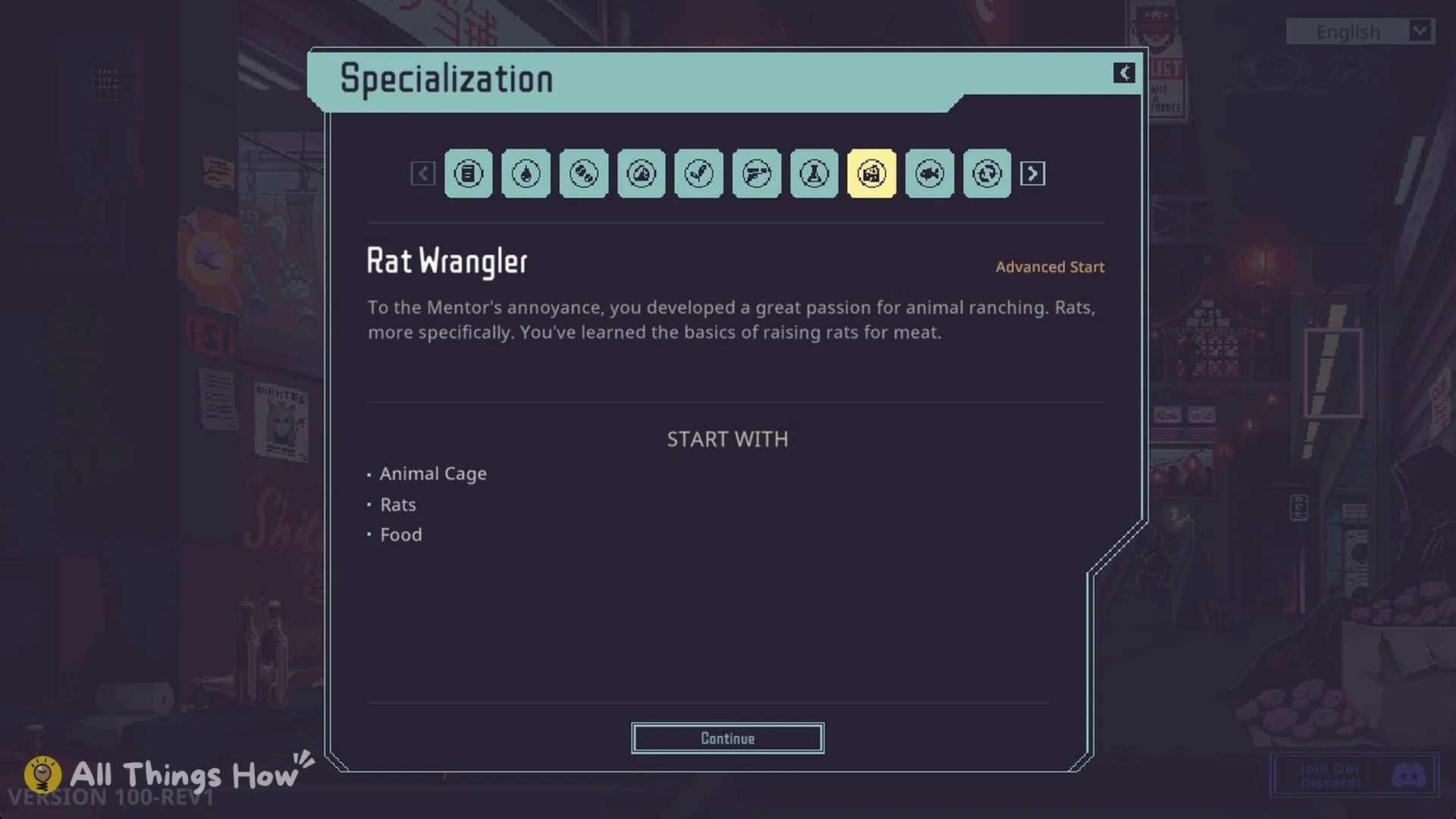 Specialization screen showing Rat Wrangler tagged Advanced Start with its START WITH list
