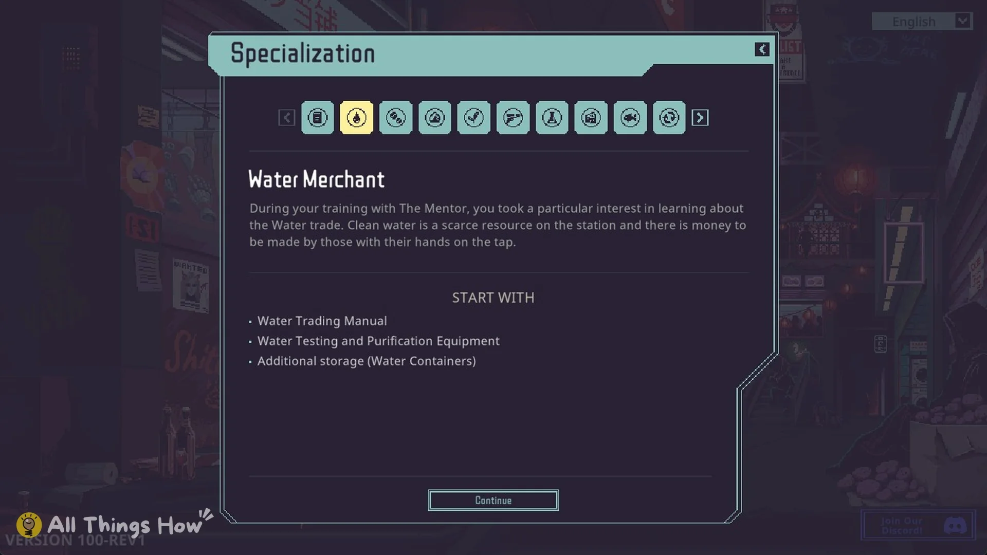 Specialization screen showing Water Merchant with its START WITH list