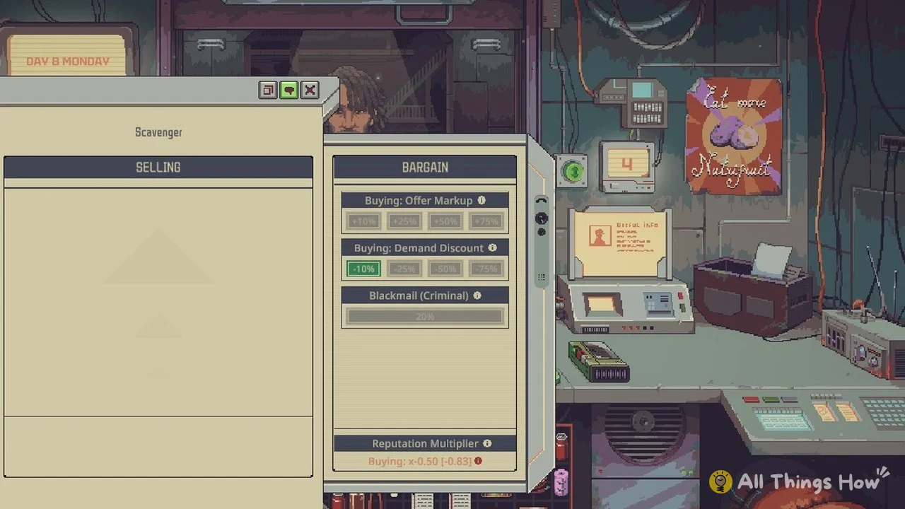 Pixel-art shop counter with a large beige trade window showing bargain options next to an empty selling list.