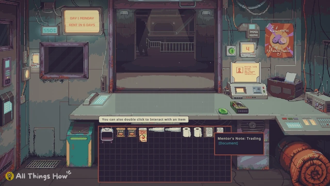 Pixel-art shop counter with an empty window, an inventory grid of items, and a tooltip on a document item.