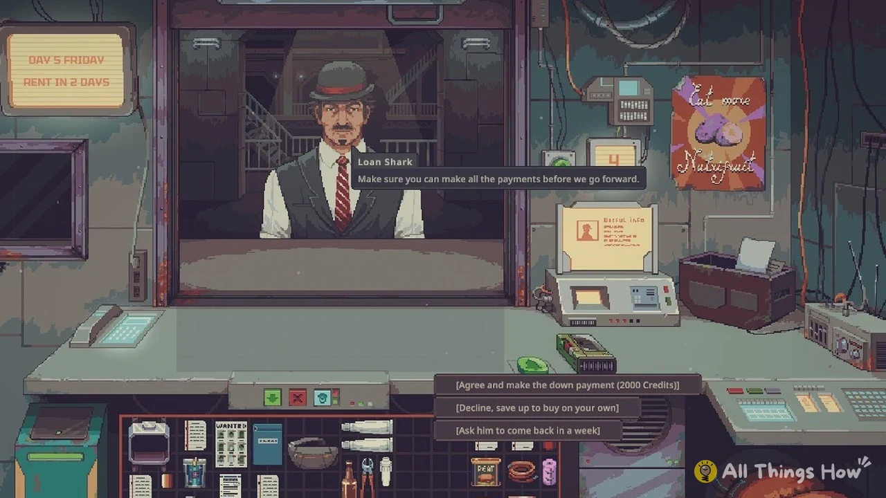 Pixel-art shop counter where a man in a bowler hat and red tie speaks, with three dialogue choices below.