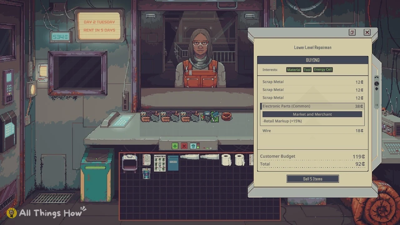Shop counter with a woman in orange overalls and glasses at the window, scrap parts on the counter and a buying list.