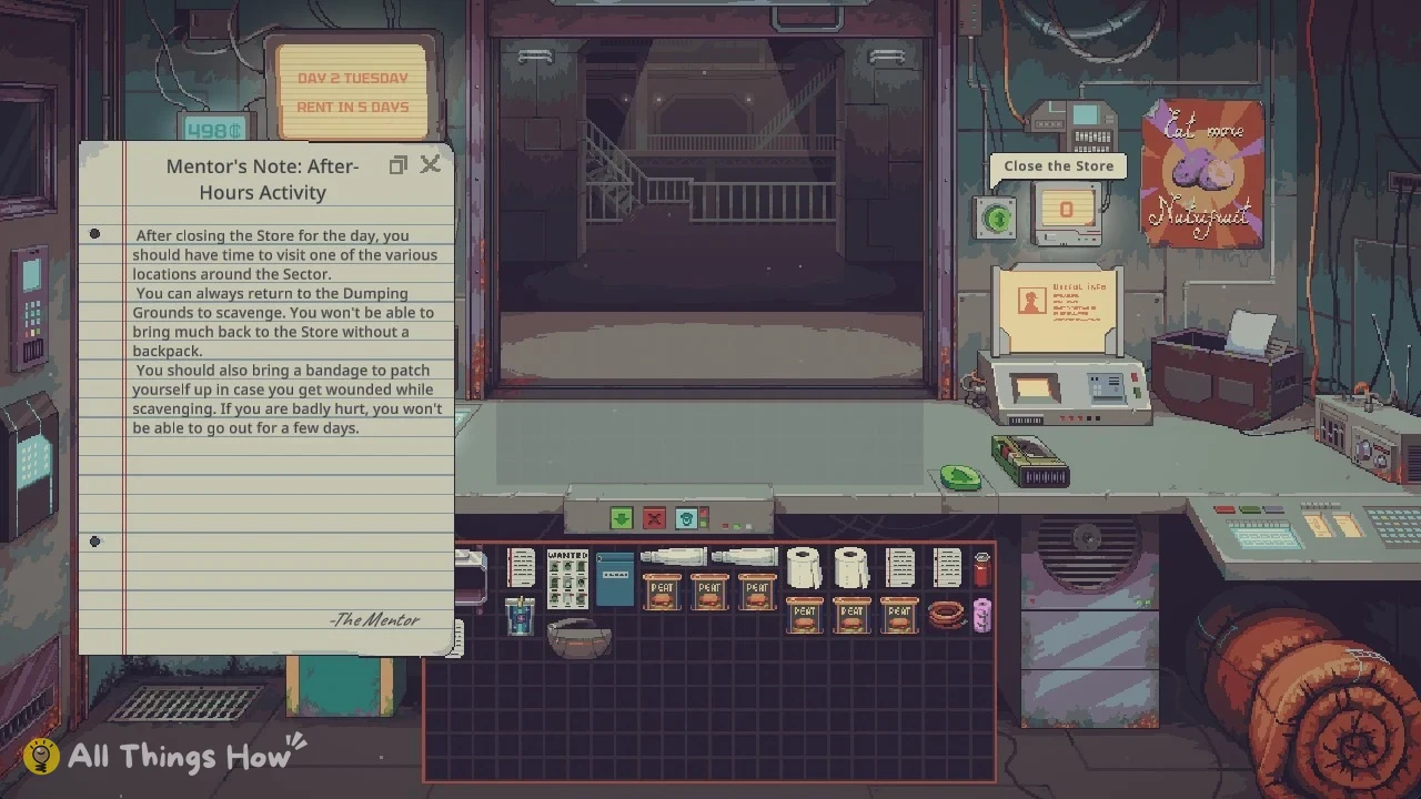 Pixel-art shop counter with a lined paper note open on the left and an inventory grid of canned food and supplies below.