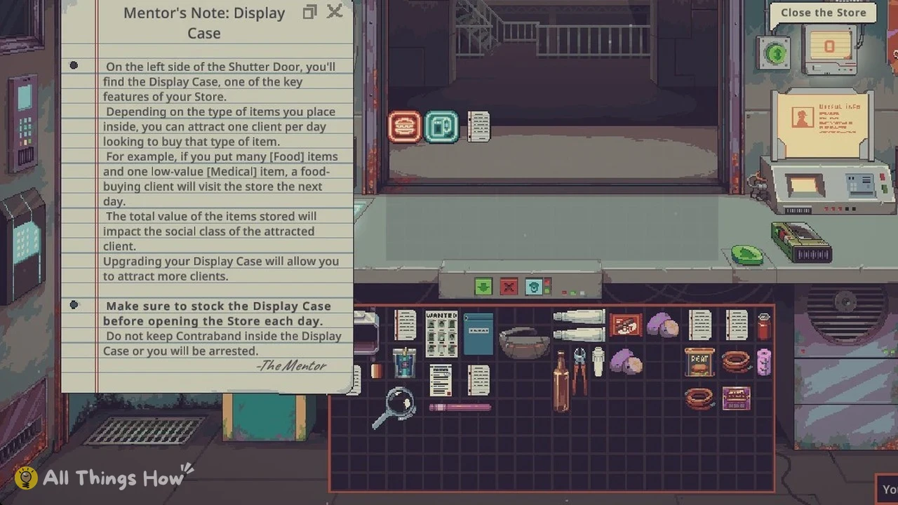 Pixel-art shop counter with a lined paper tutorial note on the left and an item inventory grid below.
