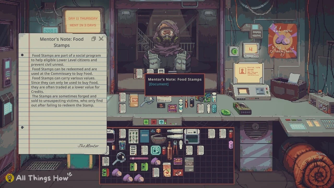 Pixel-art shop counter with a lined note about Food Stamps open on the left and a masked customer behind glass.
