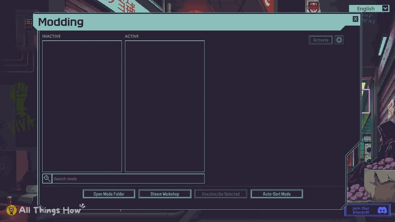 Modding window with two empty mod list columns, a search field and four buttons along the bottom